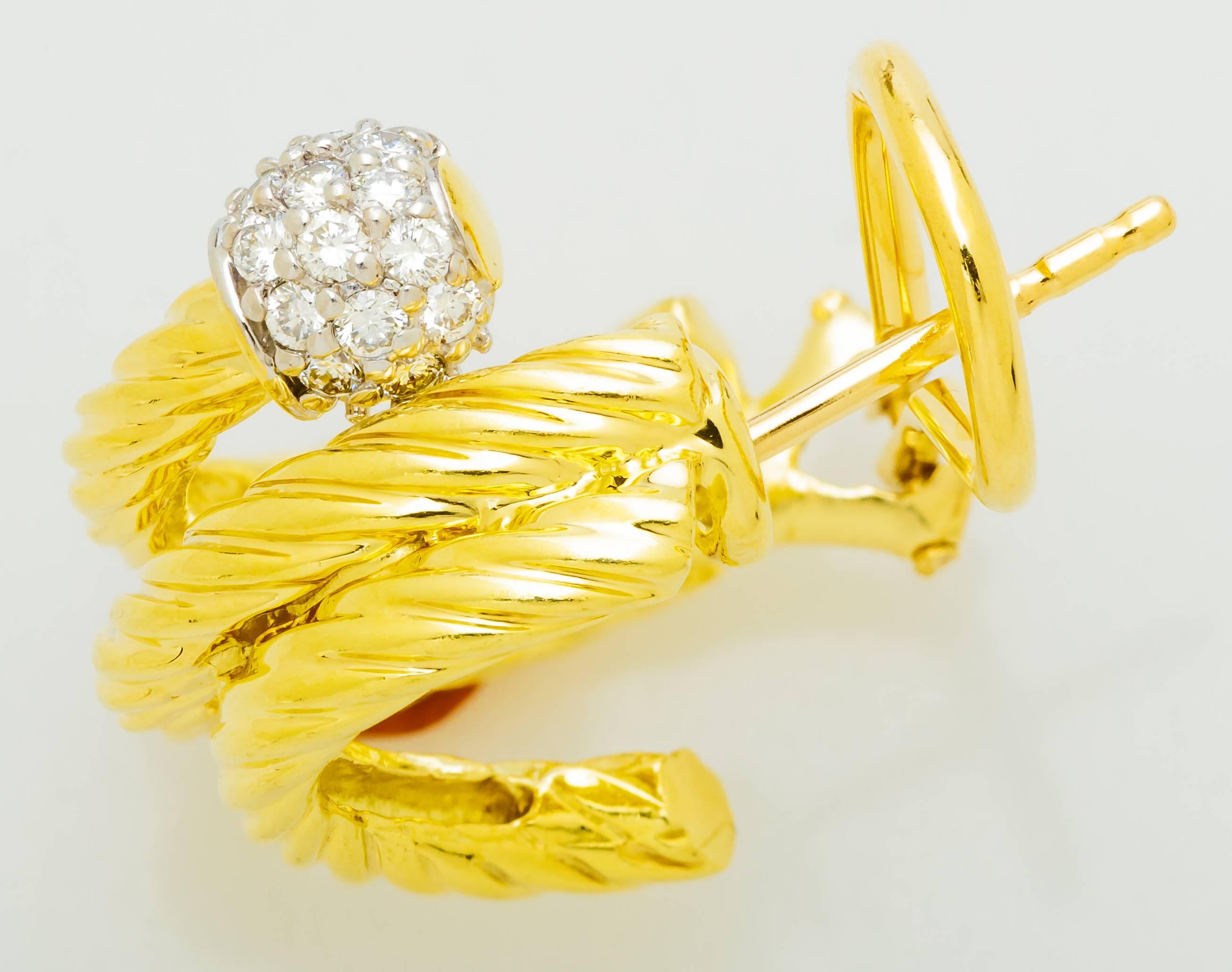 Women's David Yurman Cable Earrings, 18 Karat Yellow Gold, Pave Diamonds, Omega Clasp For Sale