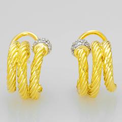 David Yurman Cable Earrings, 18 Karat Yellow Gold, Pave Diamonds, Omega Clasp