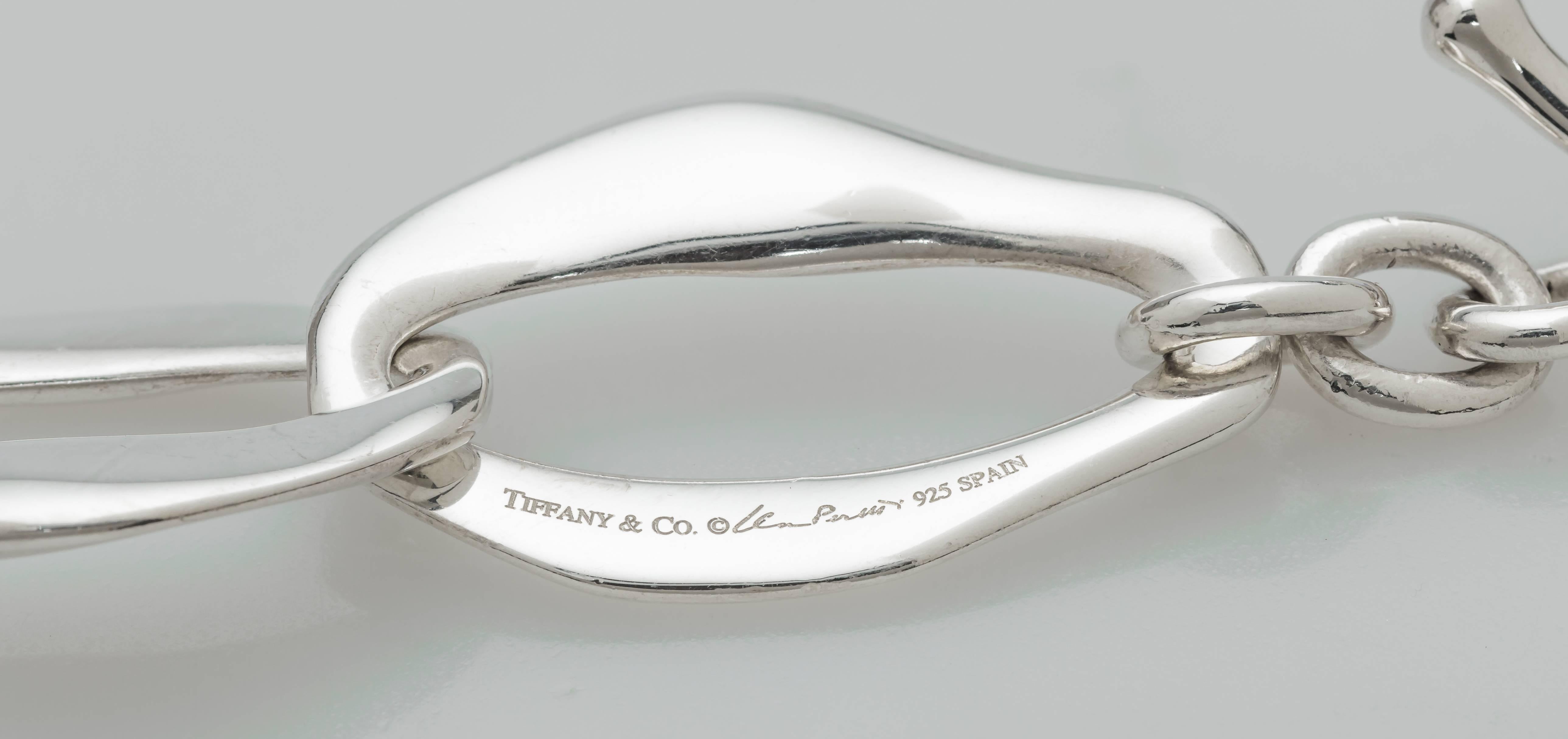 This Tiffany & Co. Aegean toggle bracelet is from the Else Peretti collection.  It features 7 links in sterling silver with each link being 20mm wide.  One link is stamped 