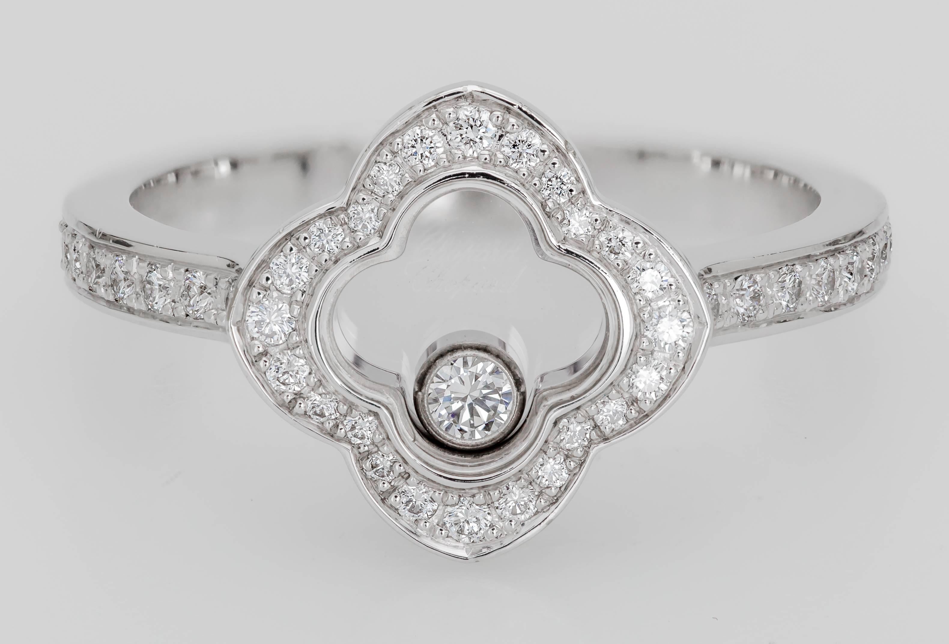 Round Cut Chopard Happy Clover Diamond Ring 0.25 Carat 18 Karat White Gold For Sale