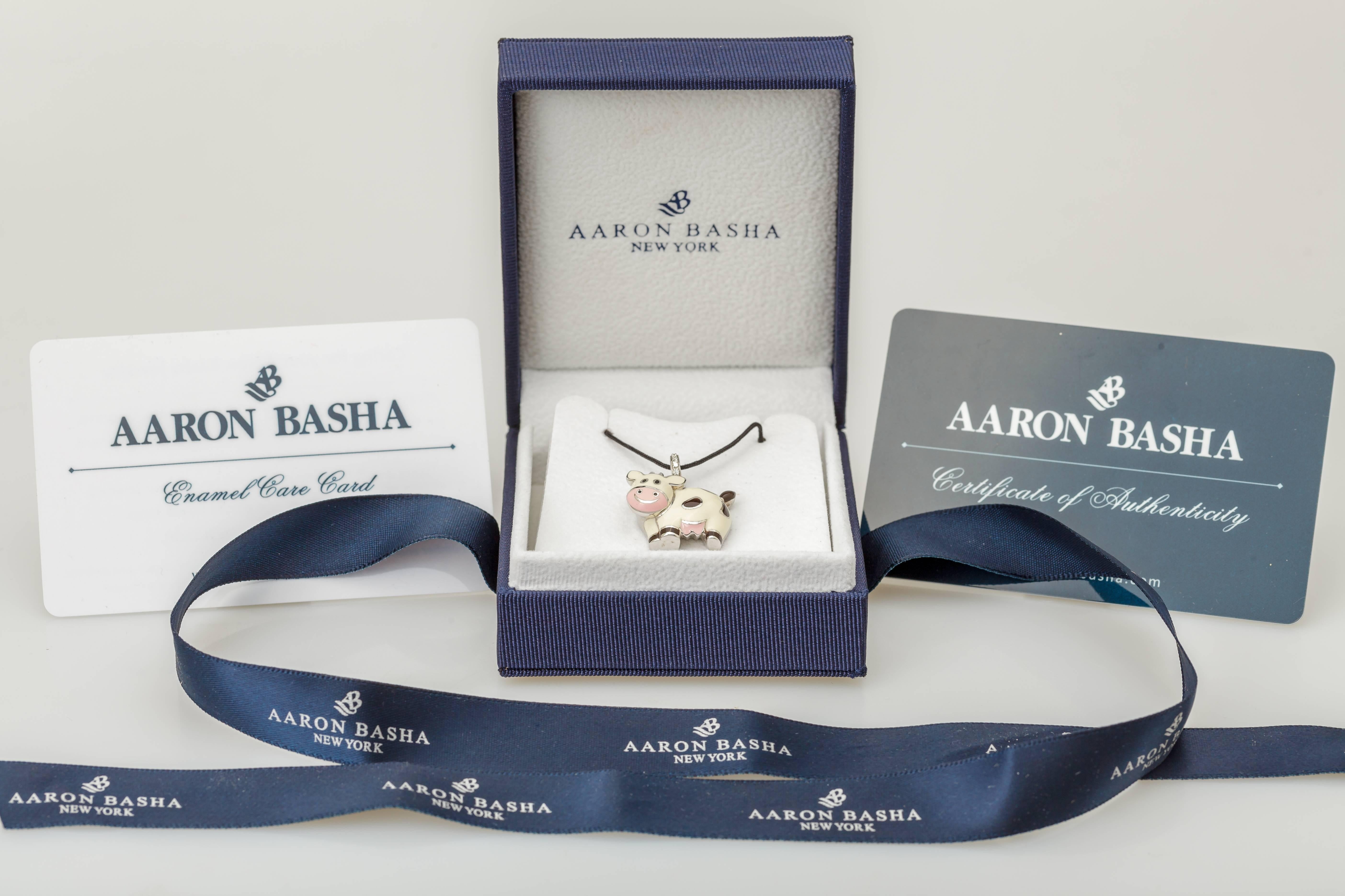 Aaron Basha White Cow with Brown Spots Charm 18 Karat White Gold with Enamel In New Condition For Sale In Houston, TX