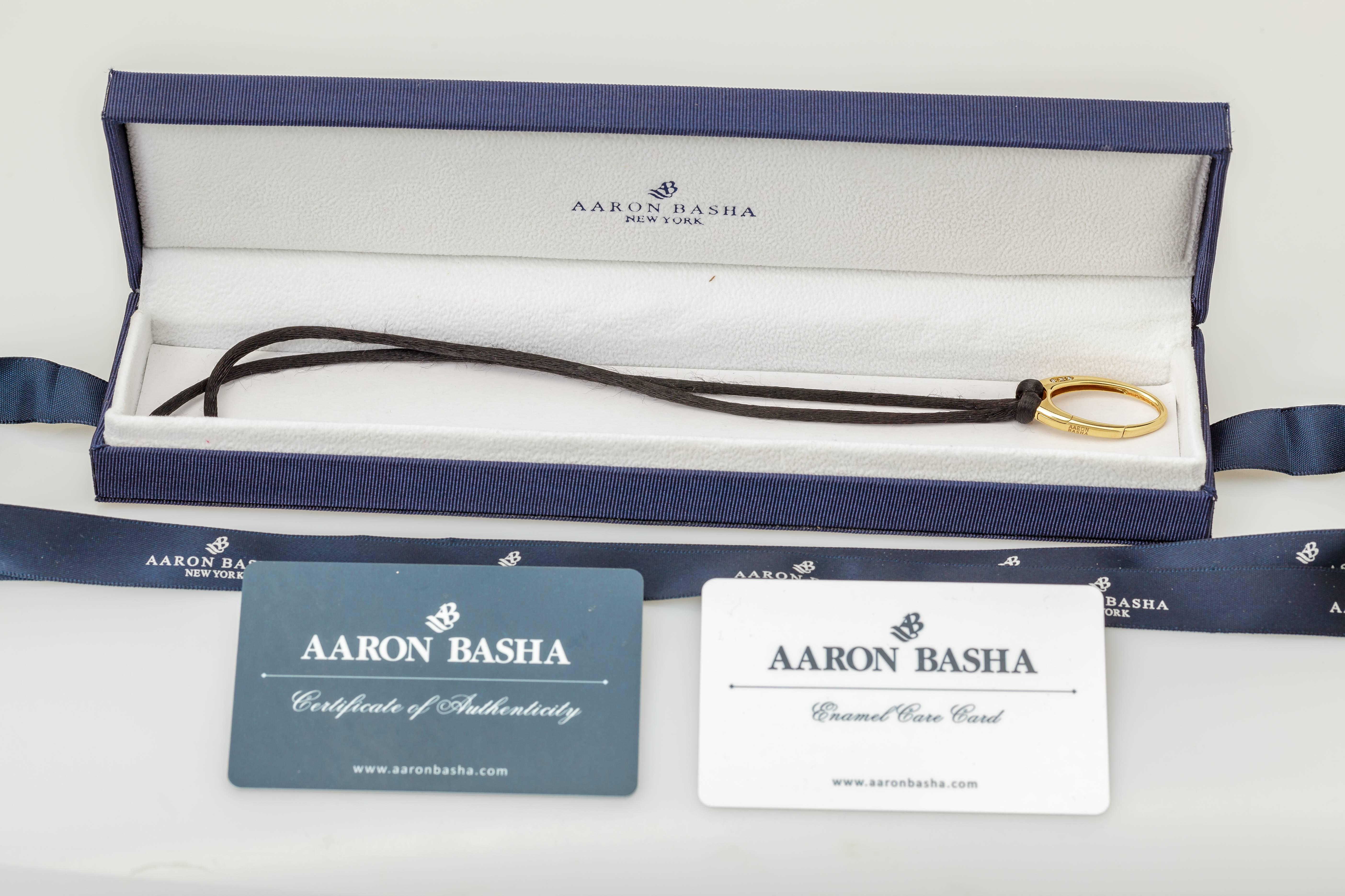 Women's or Men's Aaron Basha Oval Pendant Clasp on Black Cord 18 Karat Gold Diamond 0.04 Carat For Sale