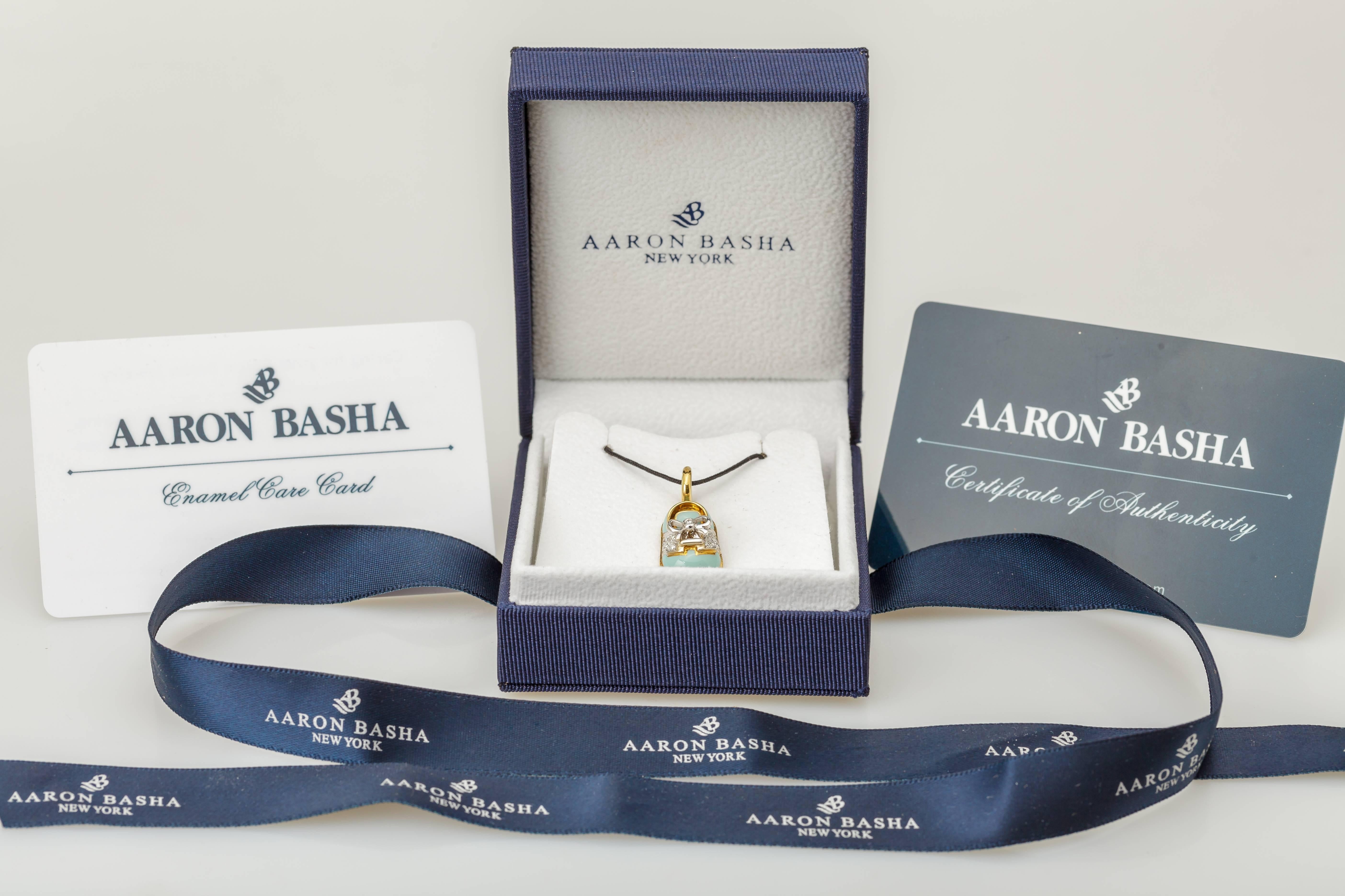 Aaron Basha Blue Baby Saddle Shoe Charm 18 Karat Gold Enamel Diamond In New Condition For Sale In Houston, TX