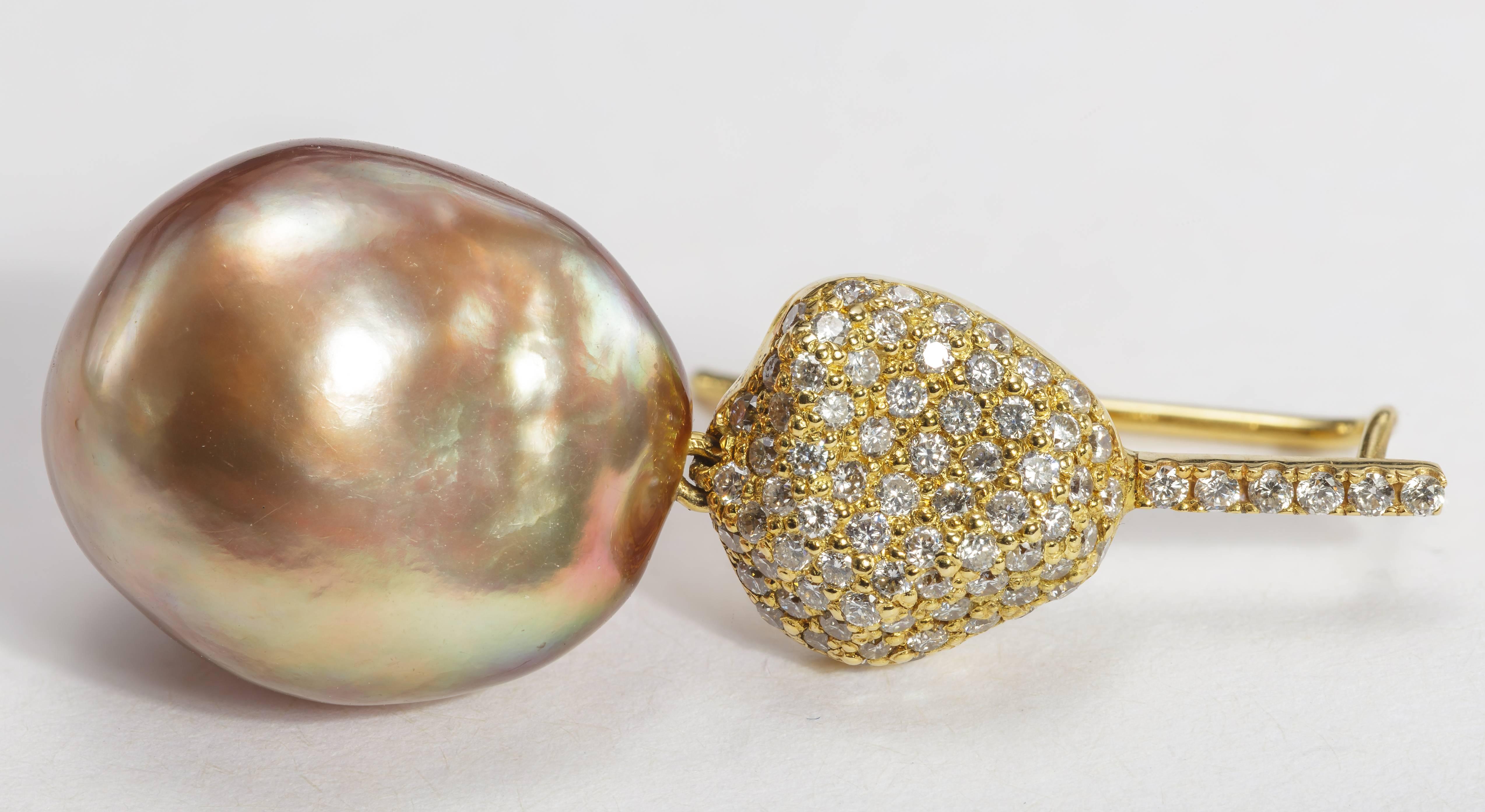 Women's Yvel Baroque Brown Pearl Diamond and 18 Karat Yellow Gold Drop Earrings For Sale