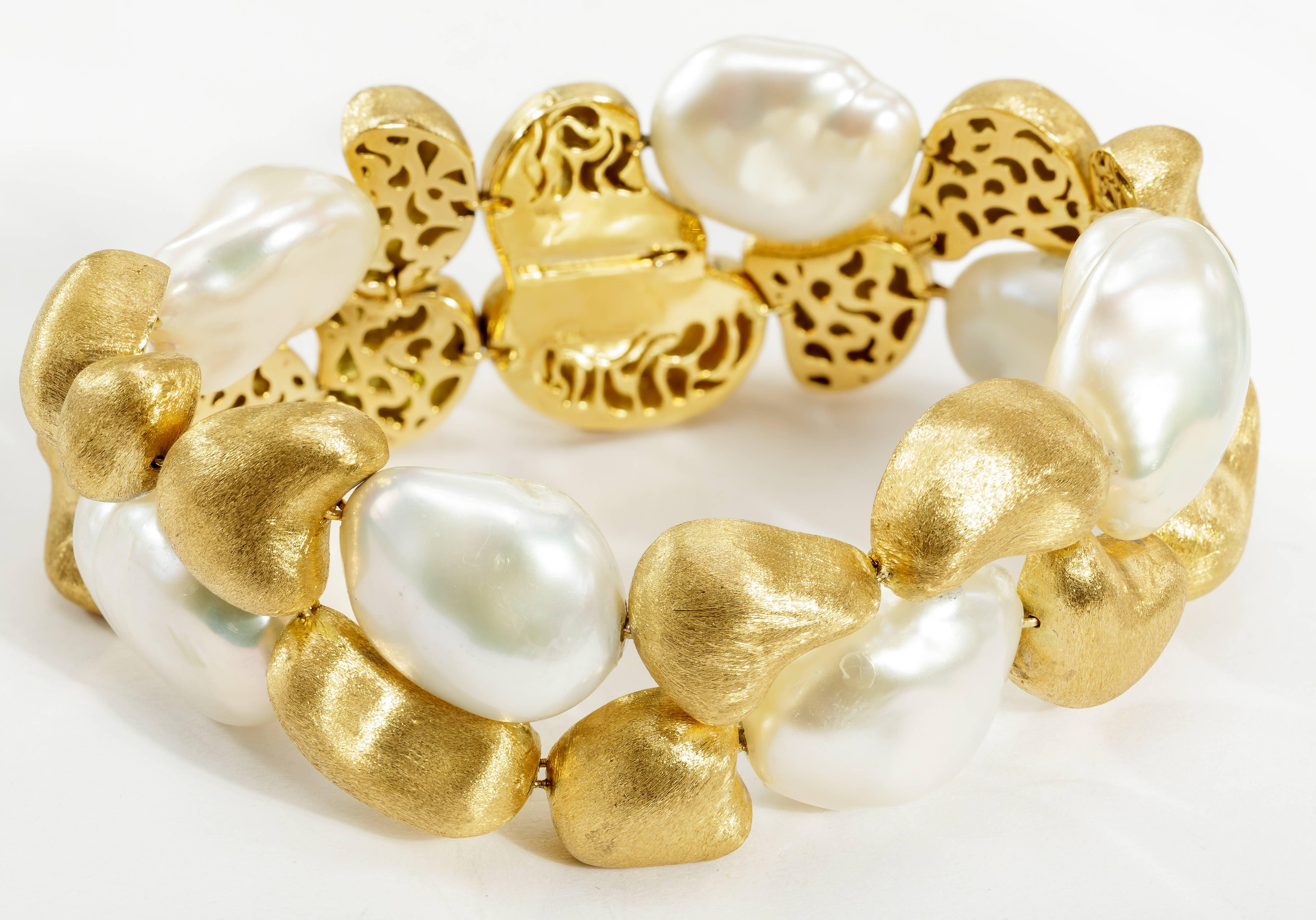 Yvel Freshwater Baroque Pearl and 18 Karat Yellow Gold Double Row Bracelet In New Condition For Sale In Houston, TX