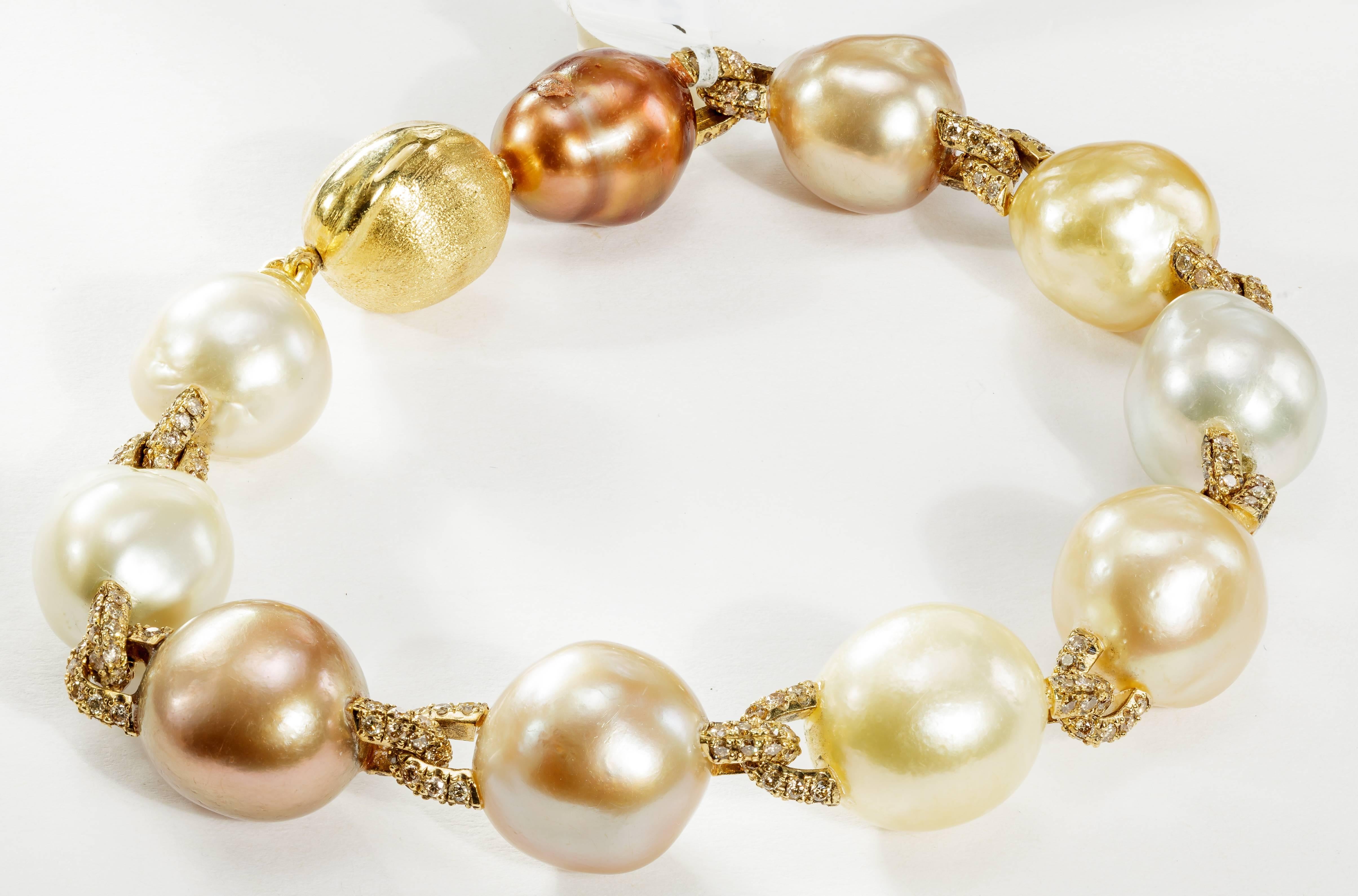 Yvel Baroque Pearl and Diamond Bracelet 18 Karat Yellow Gold 3.24 Carat In New Condition For Sale In Houston, TX
