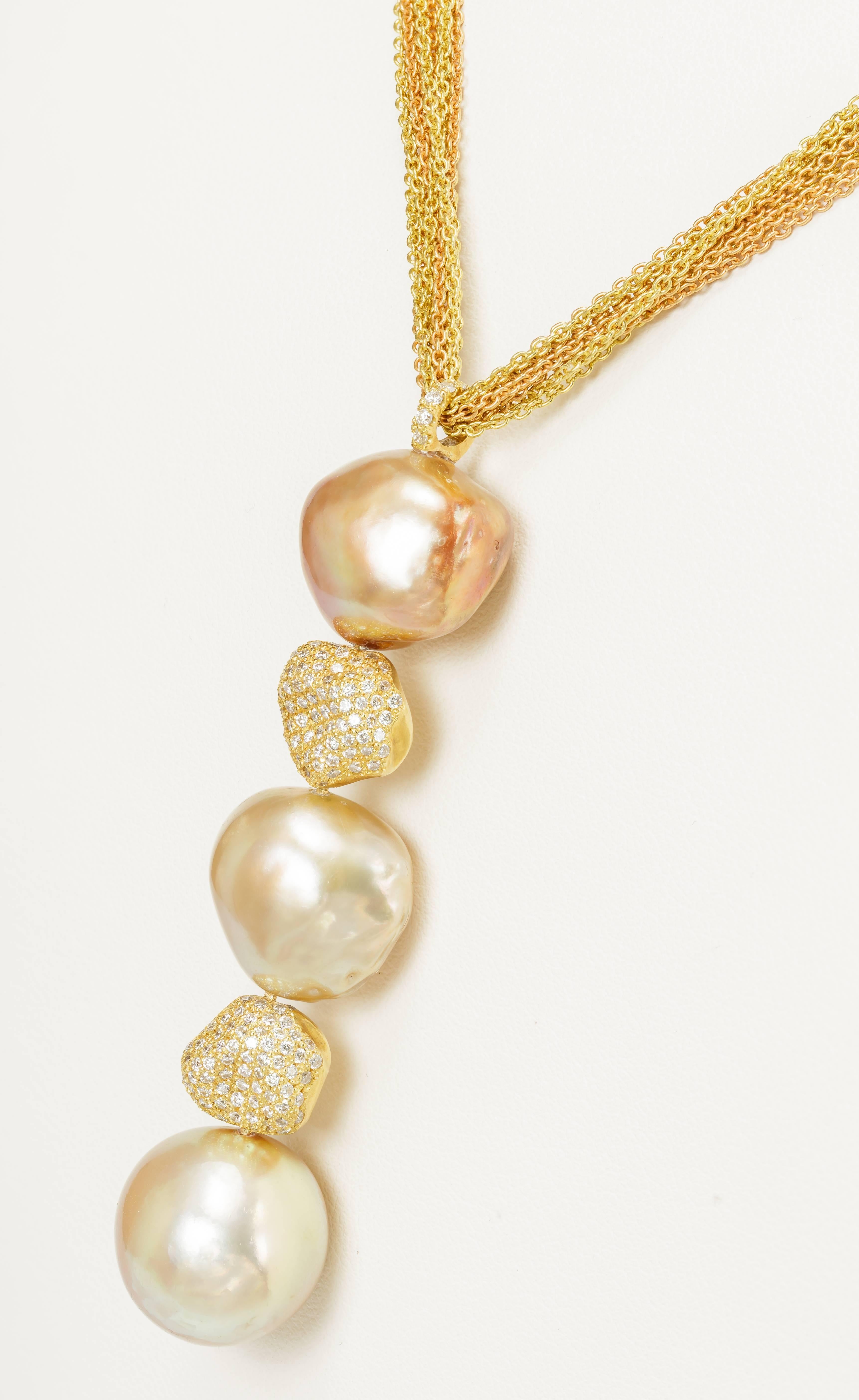 Round Cut Yvel South Sea Baroque Pearl and Diamond Necklace 18 Karat Yellow and Rose Gold  For Sale