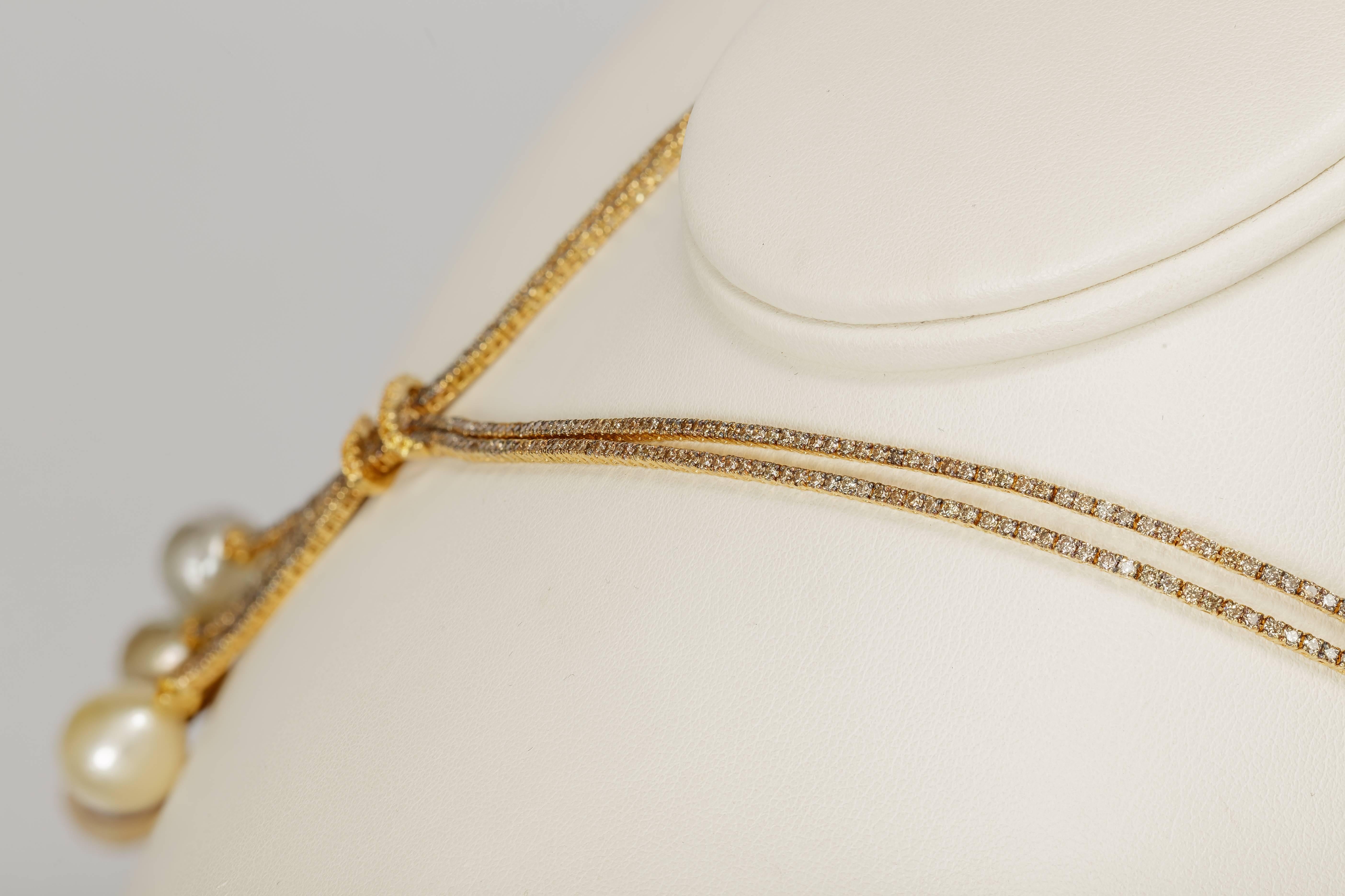 Yvel Pearl Cognac Diamond Yellow Sapphire Necklace 18k Yellow Gold 10.83 Carat In New Condition For Sale In Houston, TX