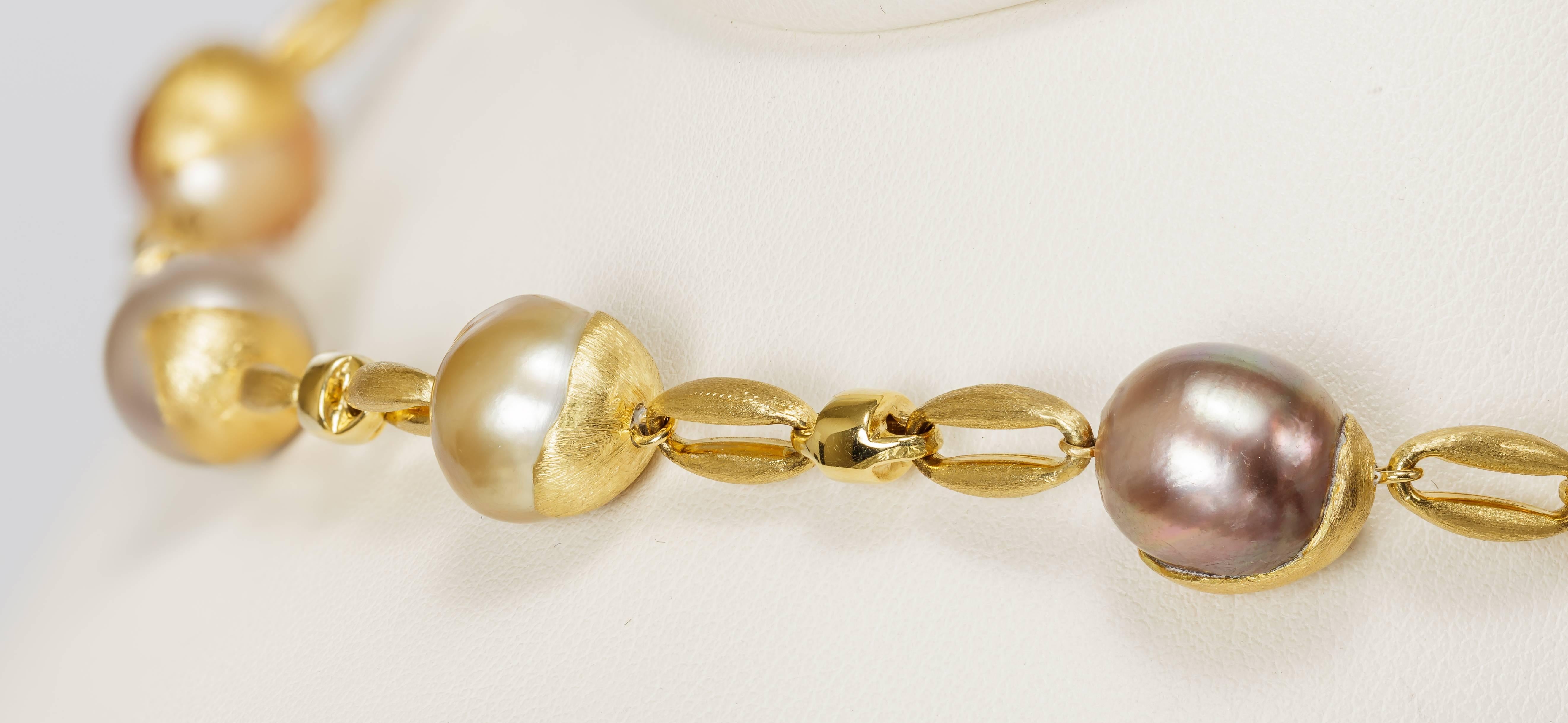 Yvel Multicolored South Sea Pearl Necklace 18 Karat Yellow Gold In New Condition For Sale In Houston, TX
