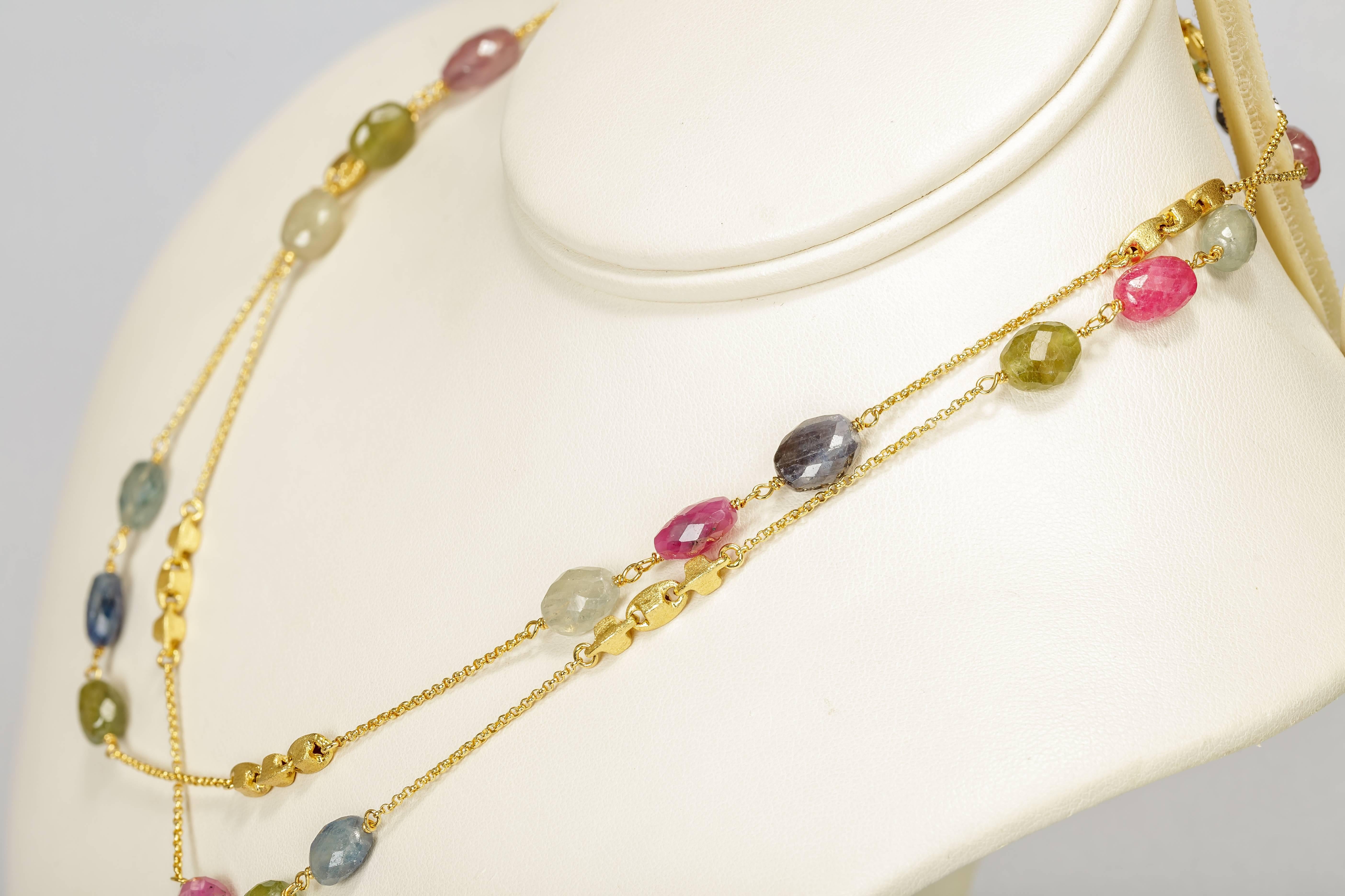 Yvel Colored Sapphire Bead Necklace 36 Inches 18 Karat Yellow Gold 106.00 Carat In New Condition For Sale In Houston, TX
