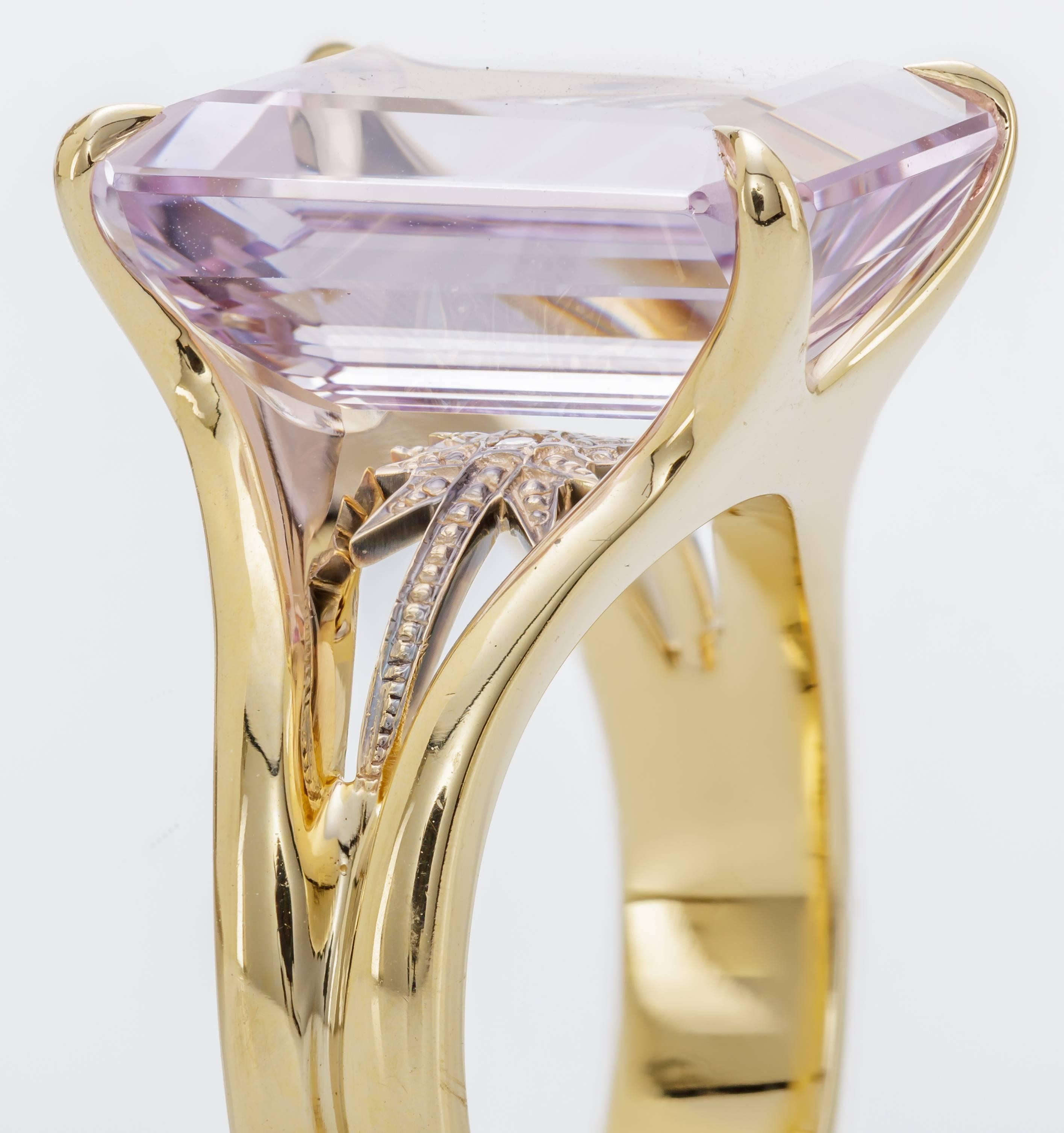 This new H. Stern ring features a 12.69ct amethyst set in 18k noble gold.  There is a 0.01ct round diamond set below the amethyst.  Noble gold, H. Stern's signature alloy, has the warmth of yellow gold and the elegance of white gold.  The ring is a