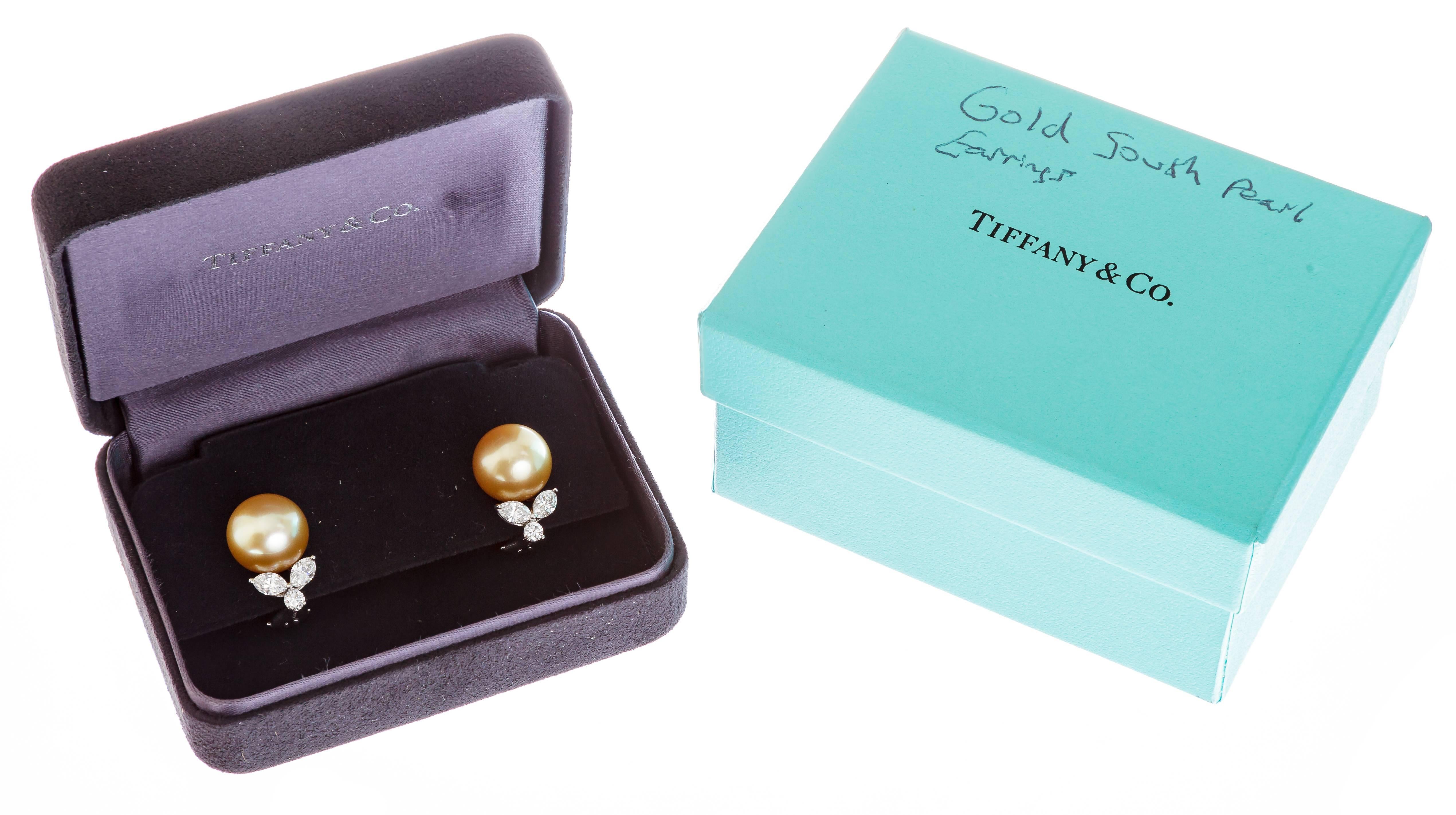 Tiffany & Co. Platinum Cultured Golden South Sea Pearl and Diamond Emma Earrings In Excellent Condition In Houston, TX