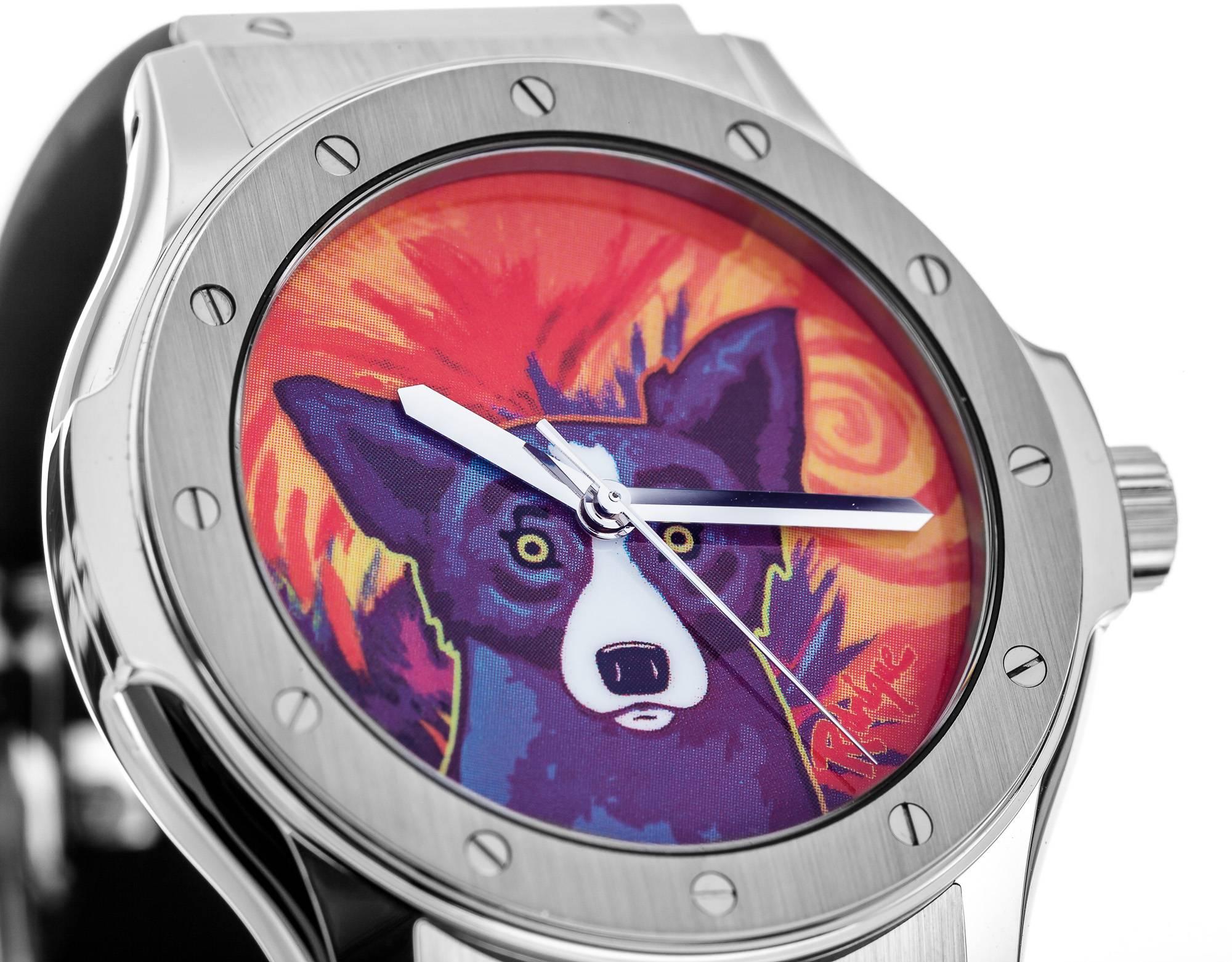 Modern Hublot stainless steel Limited Edition Rodrigue Blue Dog Automatic Wristwatch For Sale