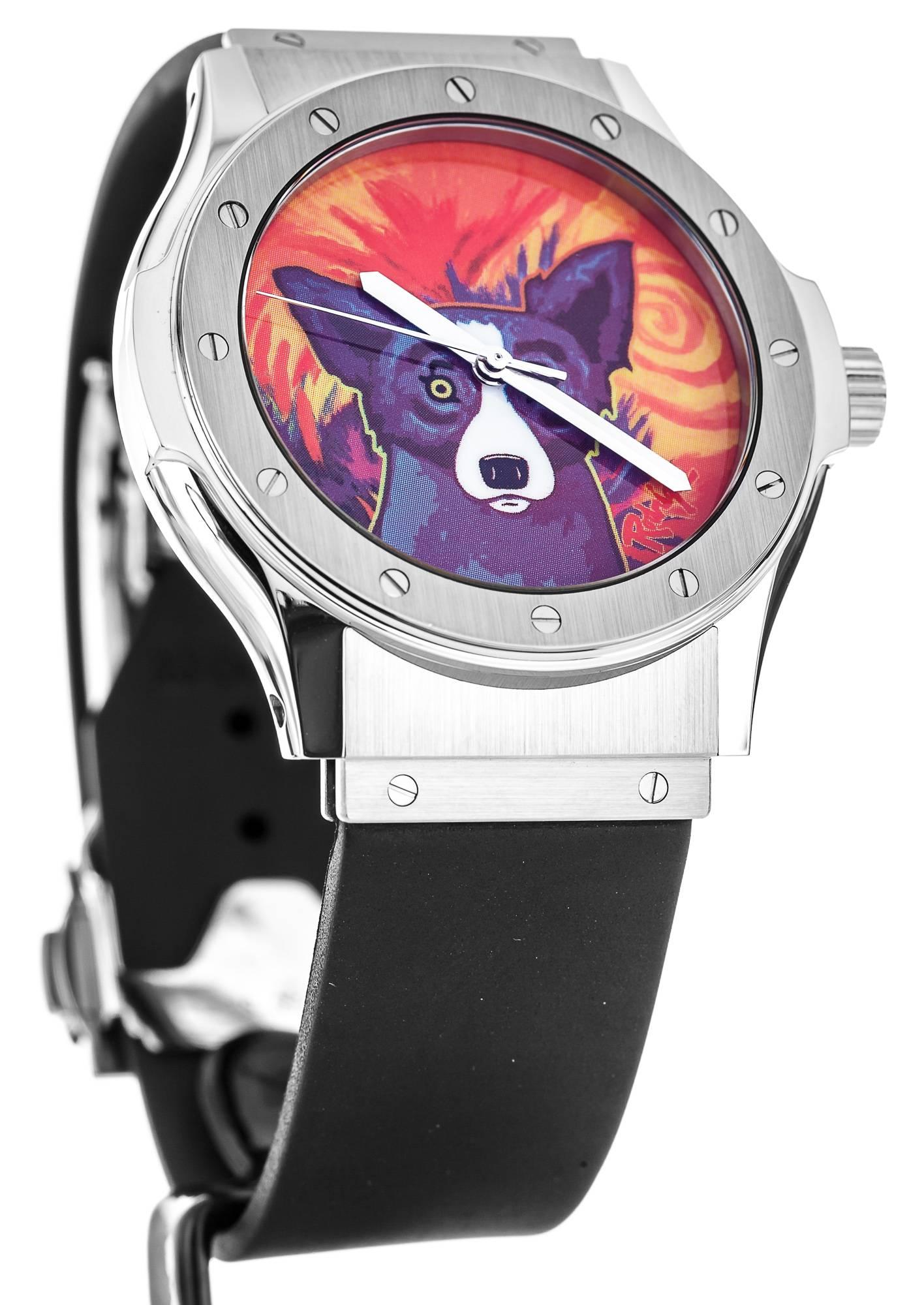 Hublot stainless steel Limited Edition Rodrigue Blue Dog Automatic Wristwatch In New Condition For Sale In Houston, TX