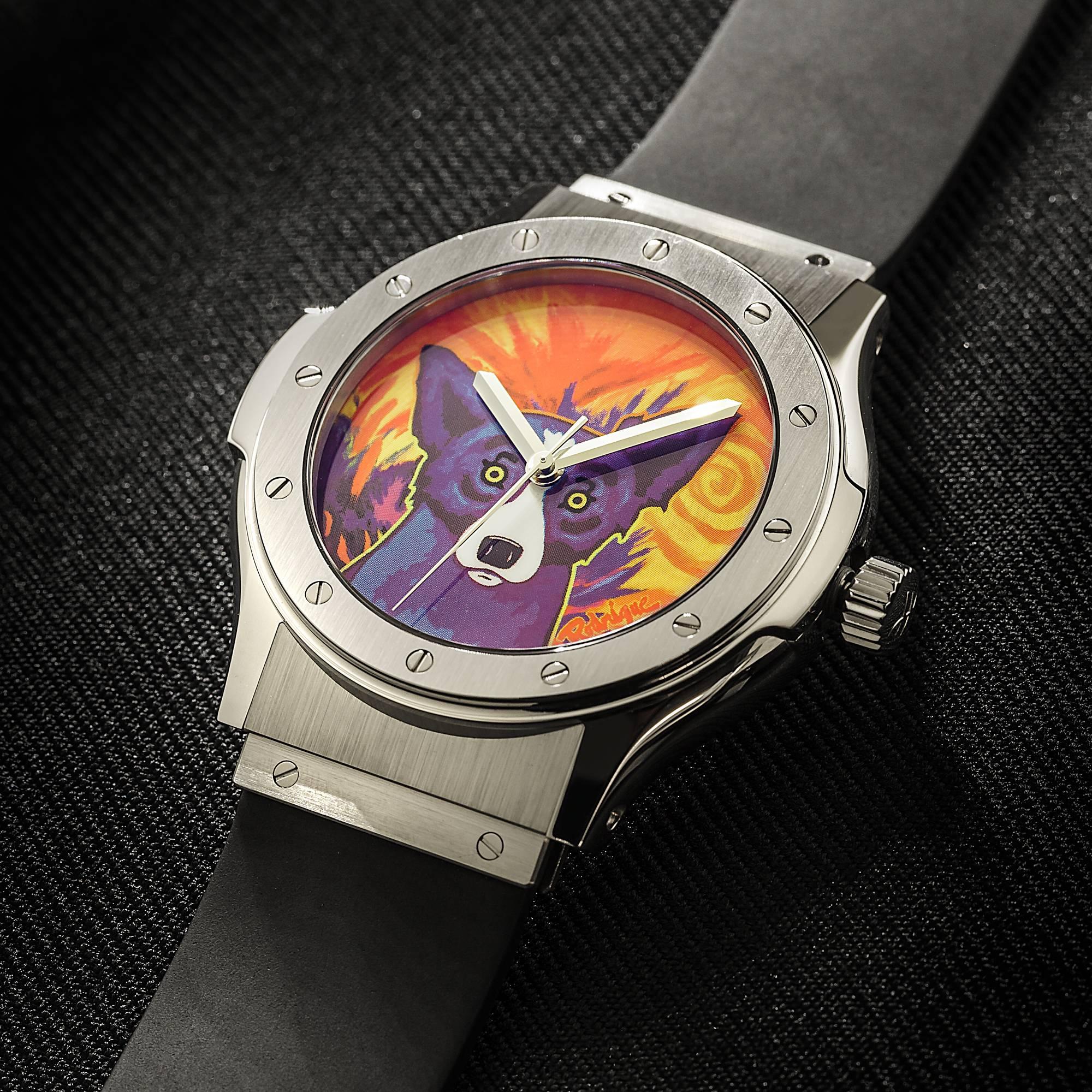 Made in partnership with Hublot, this timepiece celebrates Louisiana-born artist George Rodrigue. He is best known for his Blue Dog Series from the 1990's, which was inspired by the French Cajun myth of the loup-garou, or werewolf. This is one of