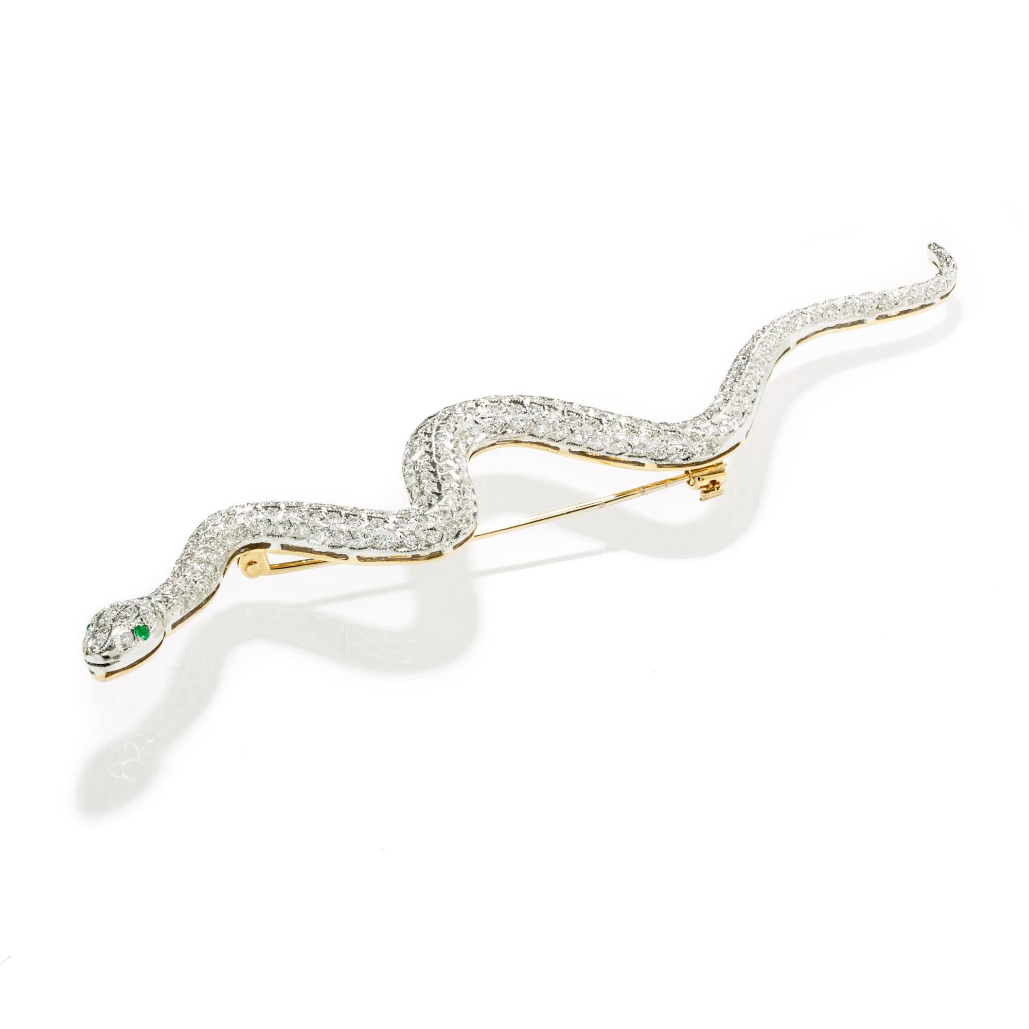 Round Cut Vintage Handmade 18 Karat White & Yellow Gold Snake Pin with Emeralds, Diamonds For Sale