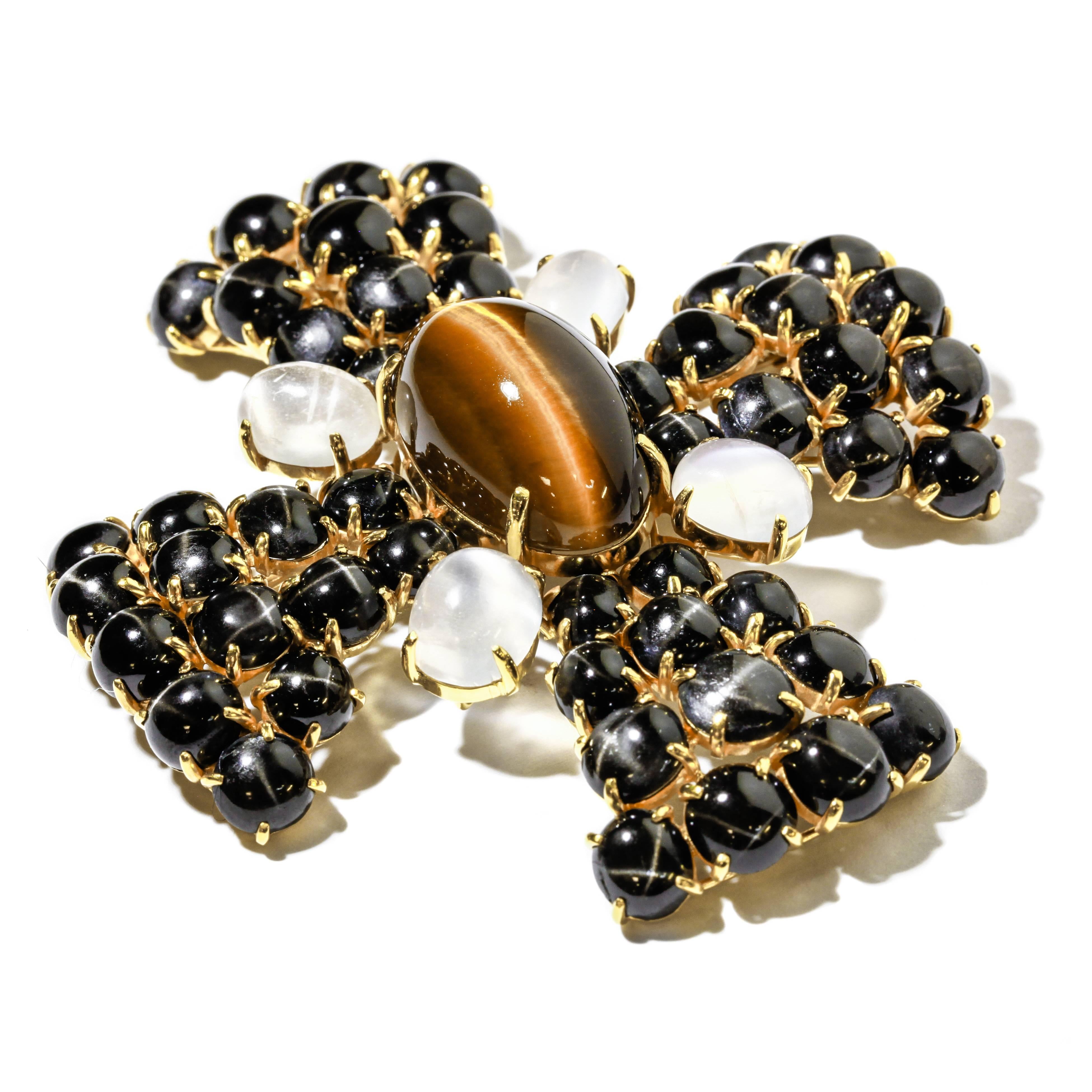 Round Cut 18 Karat Gold Tiger's Eye Quartz, Moonstone, Star Diopside Brooch and Pendant