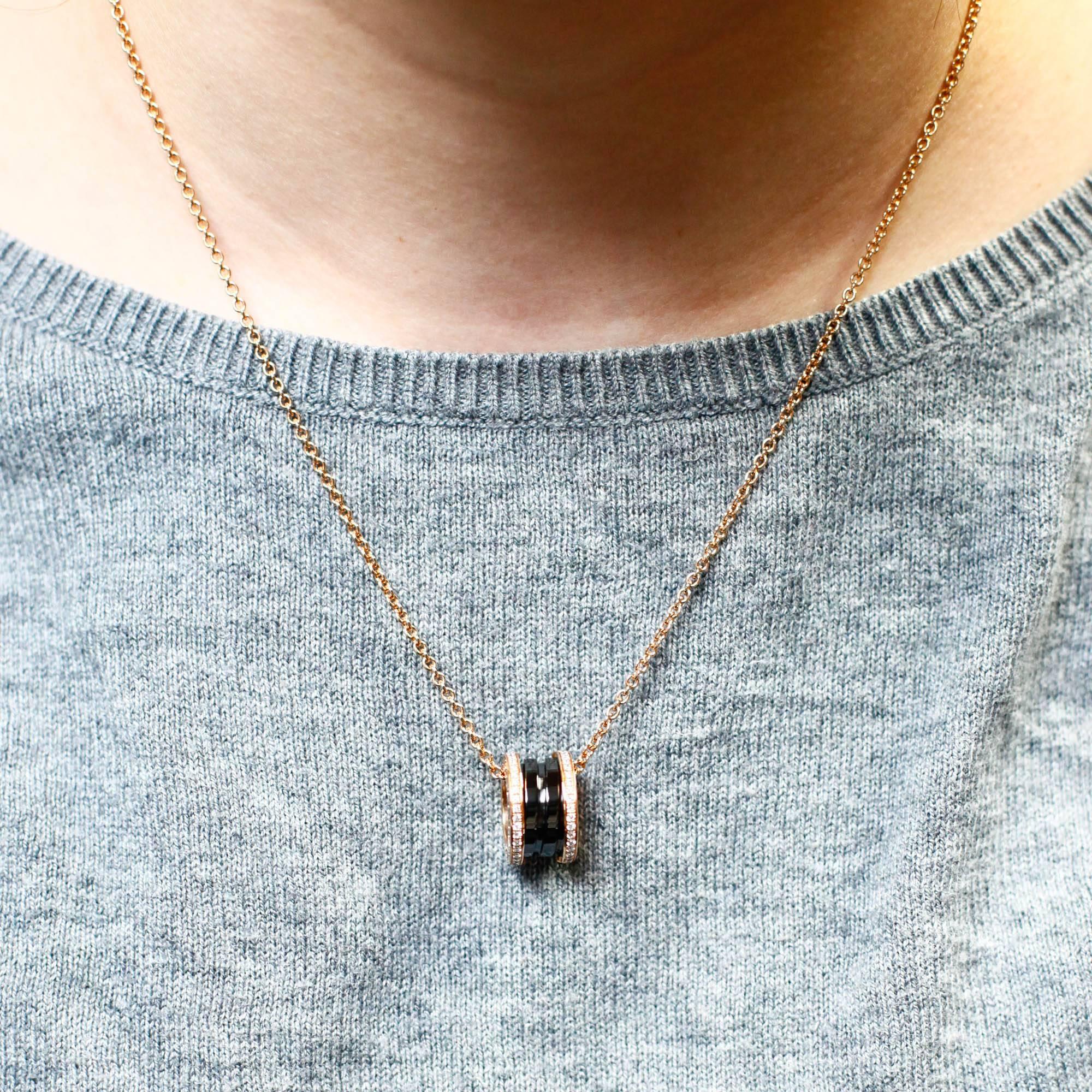 Inspired by the Colosseum in Rome, this 18k rose gold, black ceramic and 0.41 ct. pavé diamond Bulgari B.zero1 necklace represents both the eternal city and modern Italian design. The chain can be adjusted to three different lengths. This necklace
