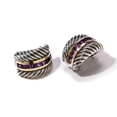 David Yurman Amethyst Sterling Silver and 14 Karat Yellow Gold Cable Earrings