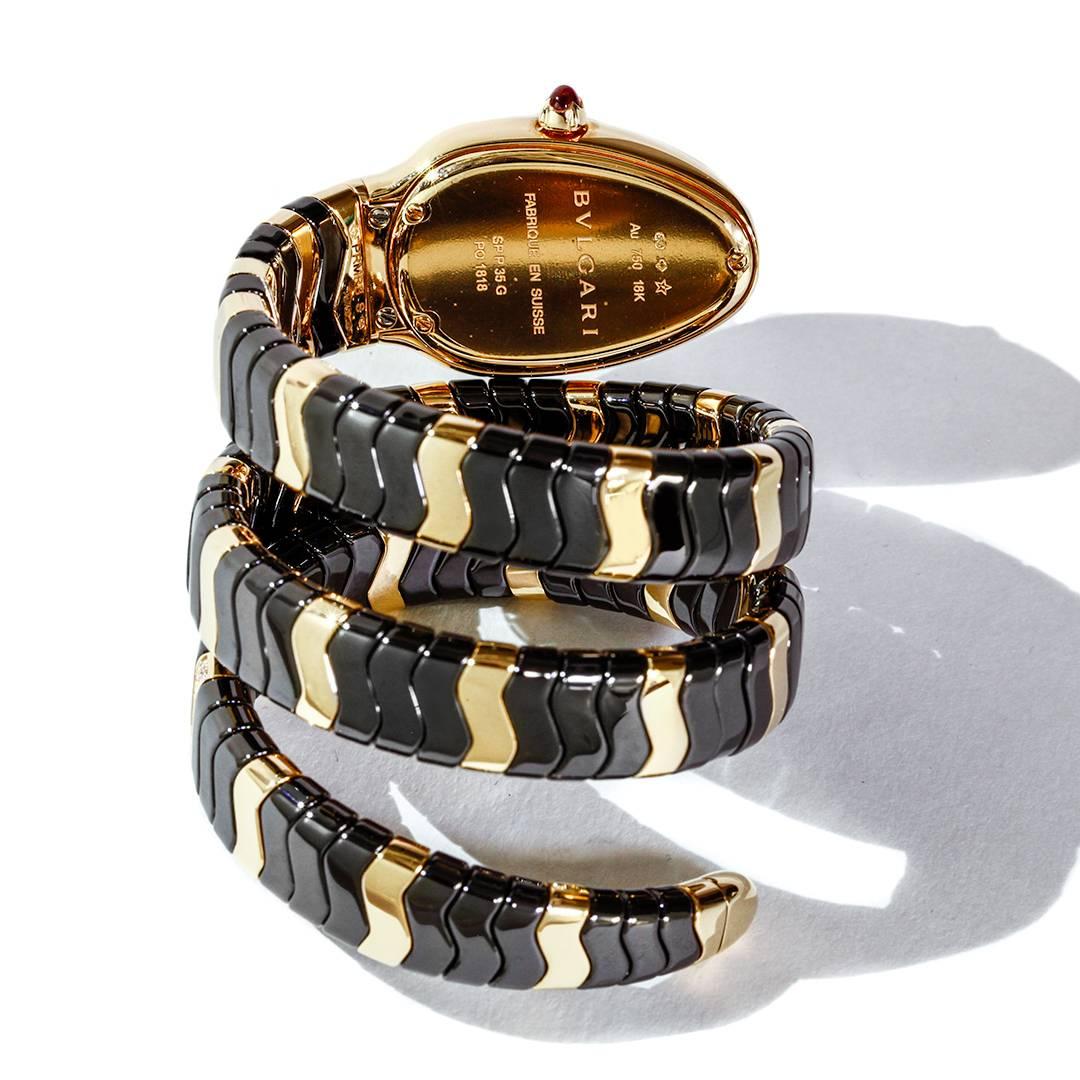Classical Roman Bulgari Serpenti Watch 18 Karat Pink Gold Diamonds Black Ceramic Quartz 102128