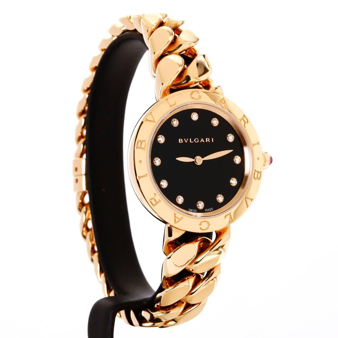 Bulgari Pink Gold Diamond Markers Black Dial Catene Quartz Wristwatch In New Condition For Sale In Houston, TX