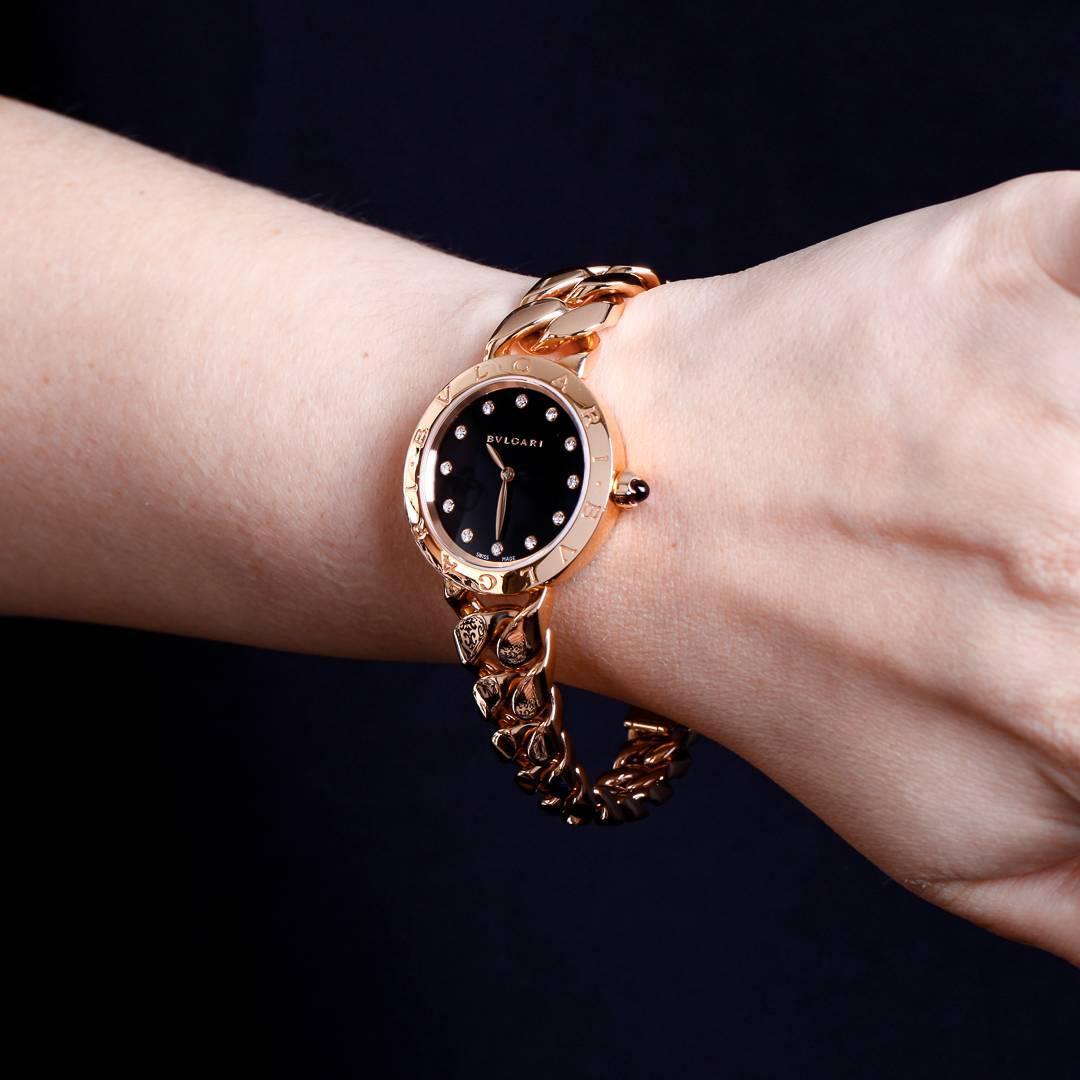 Round Cut Bulgari Pink Gold Diamond Markers Black Dial Catene Quartz Wristwatch For Sale