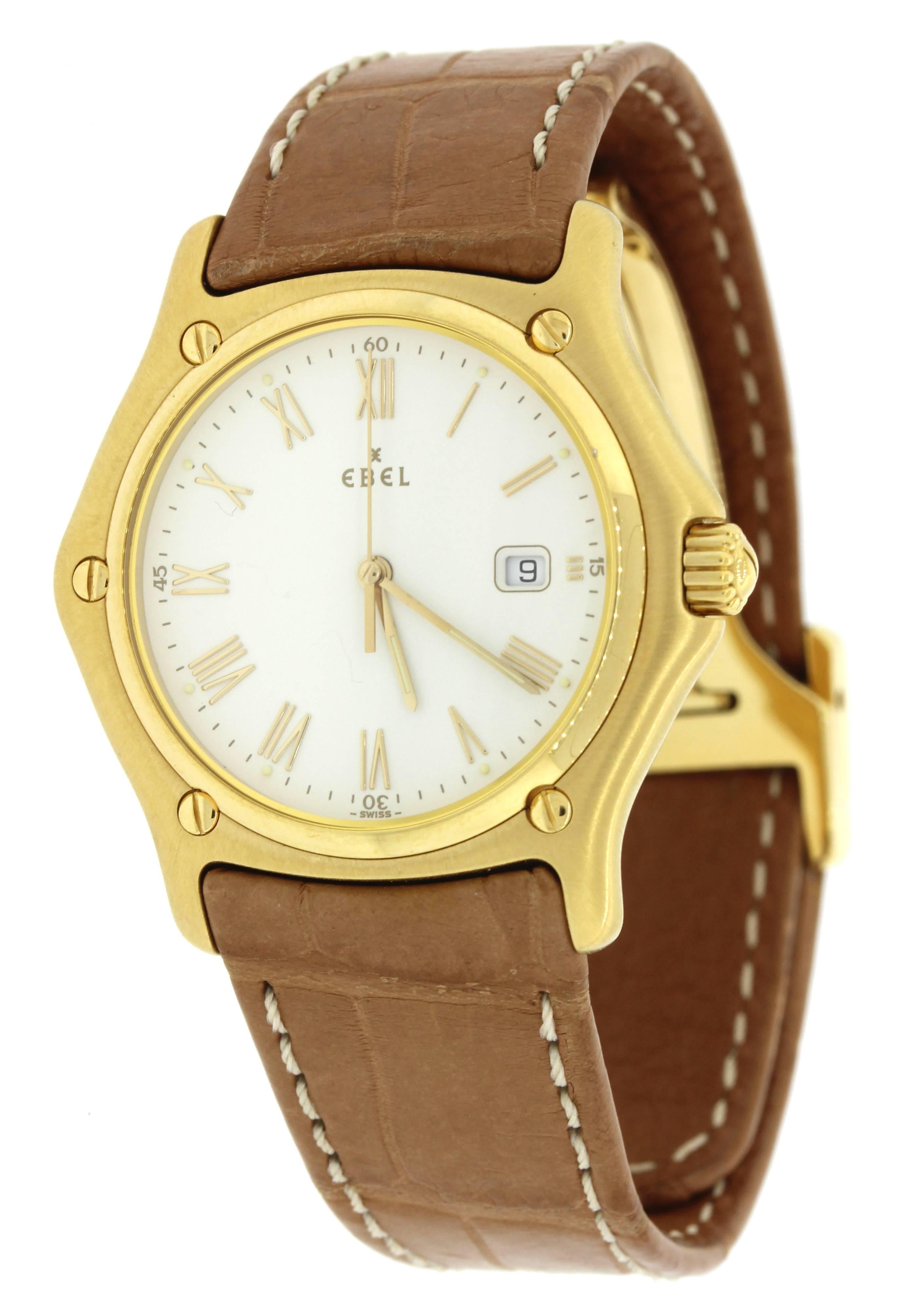 Ebel 1911 18k Yellow Gold 34mm White Roman Dial Quartz Watch 887902
	 
Brand 	Ebel
Model 	1911
Serial # 	74105***

Ref # 	887902
Gender 	Men's

Metal 	Solid 18k yellow gold
Case Size 	34mm
Wrist Size 	Will fit up to a 7.5