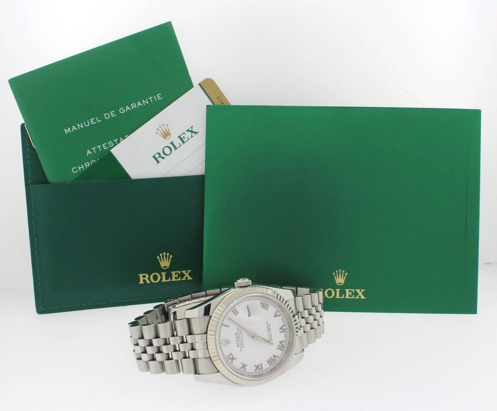 2015 Rolex DateJust 18k White Gold Stainless Steel White Roman 36mm Jubilee 116234 Watch. Comes complete with all original box, papers, watch tags and booklets.

Active Rolex Warranty

Brand	Rolex (Guaranteed Authentic)
Model