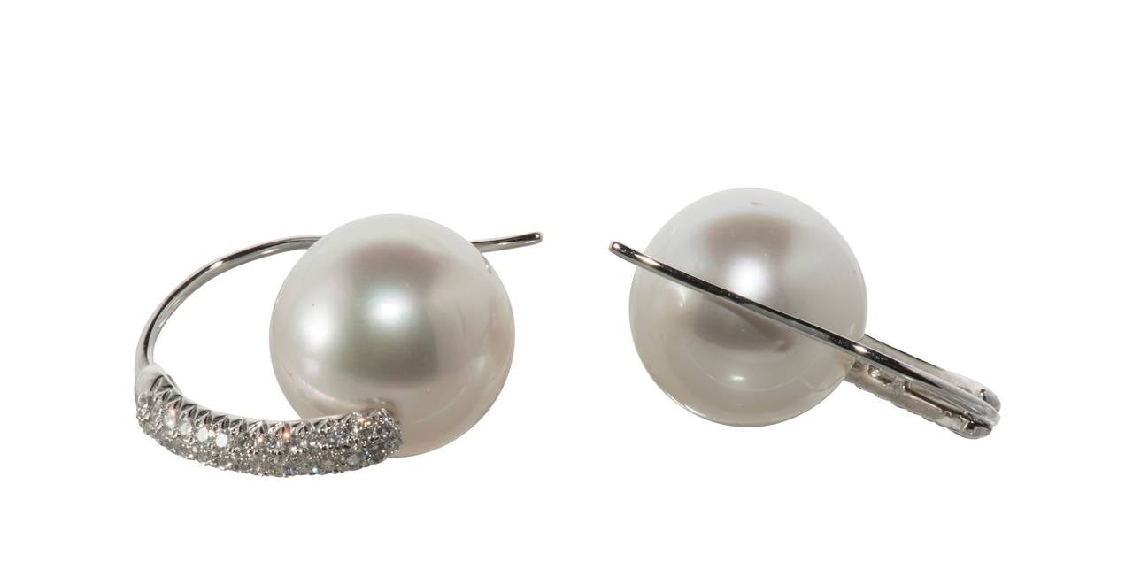 Modern South Sea Pearl Diamond Gold Drop Earrings