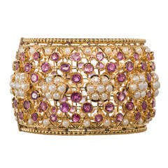 Persian Pearl Ruby Gold Bangle Bracelet