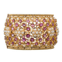 Persian Pearl Ruby Gold Bangle Bracelet