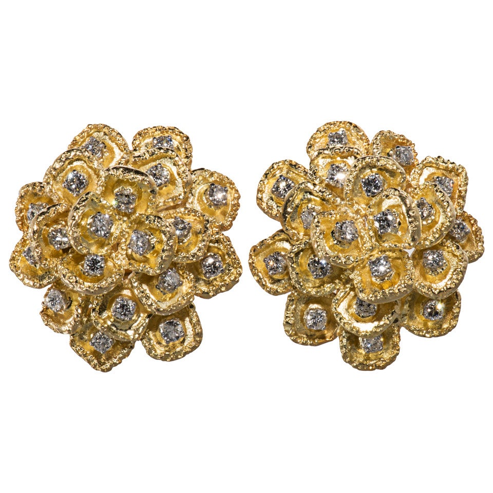 Diamond Gold Stylized Flower Design Earrings For Sale