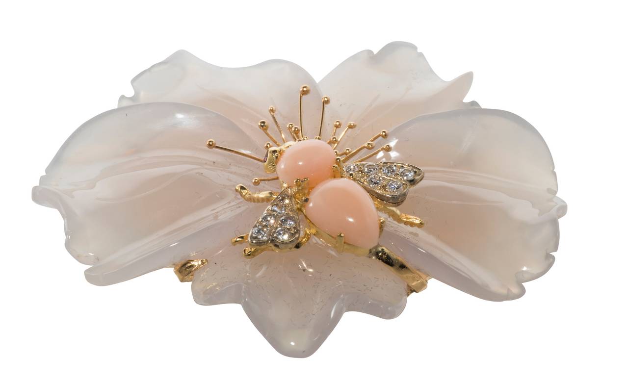 Beautiful German carved grey chalcedony flower, pink coral and diamond brooch.