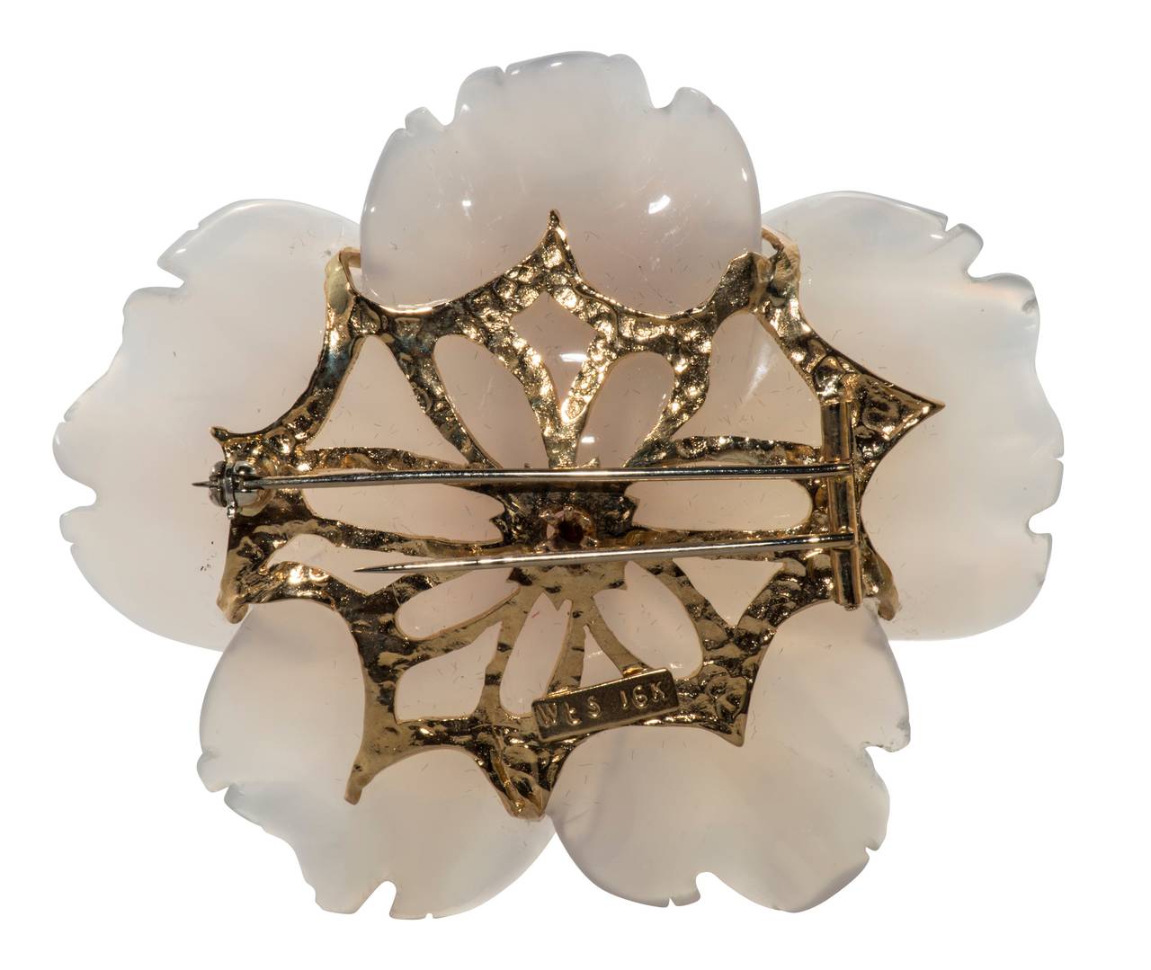 Chalcedony Coral Diamond Gold Flower Brooch In Excellent Condition For Sale In Houston, TX