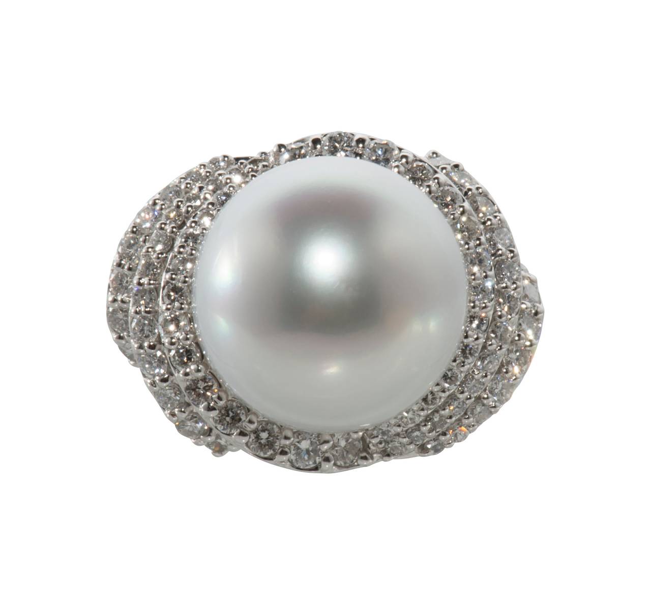 South Sea Pearl Diamond Platinum Cocktail Ring In Excellent Condition For Sale In Houston, TX
