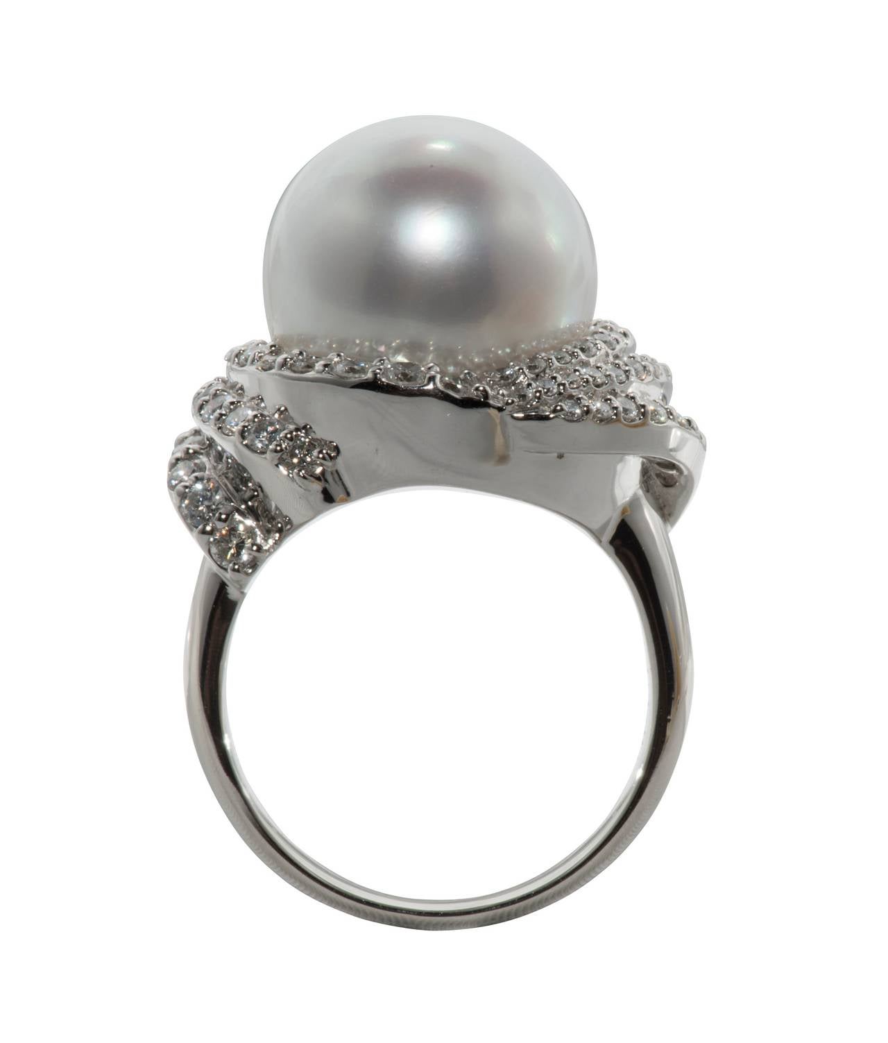 Contemporary South Sea Pearl Diamond Platinum Cocktail Ring For Sale