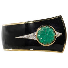 David Webb Enamel Emerald Diamond Gold Platinum Cuff