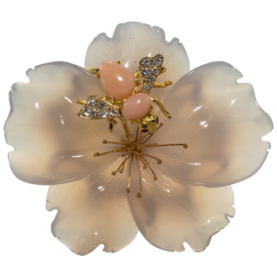 Chalcedony Coral Diamond Gold Flower Brooch For Sale