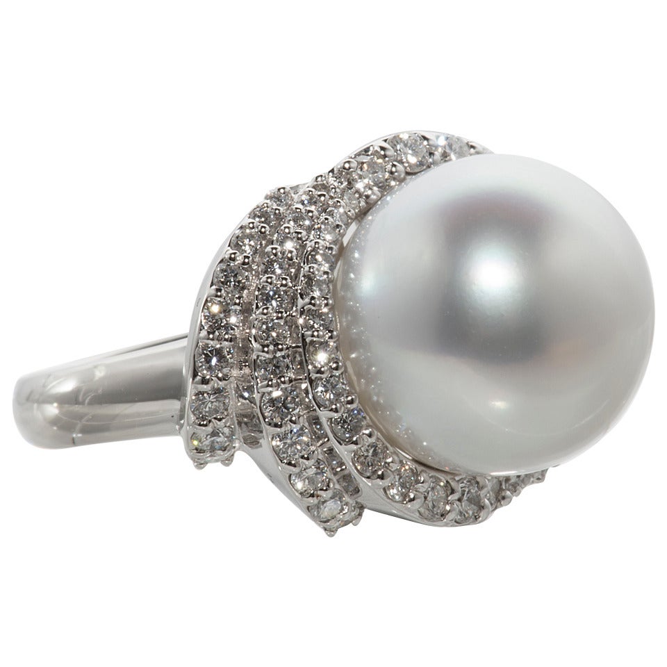 South Sea Pearl Diamond Platinum Cocktail Ring For Sale