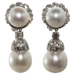 French South Sea Pearl Diamond Platinum Earrings