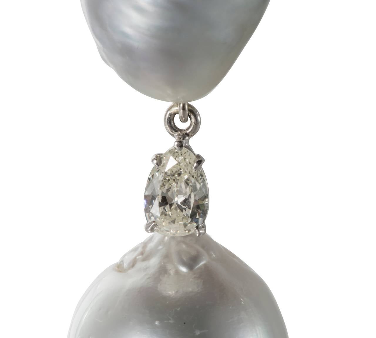 Contemporary Baroque South Sea Pearl Diamond Gold Drop Earrings For Sale