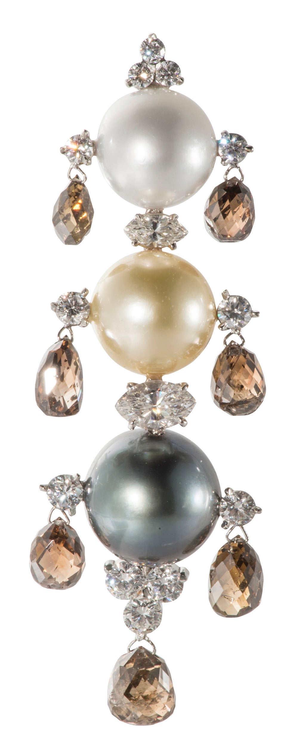Contemporary South Sea Pearl Briolette Diamond Platinum Earrings For Sale