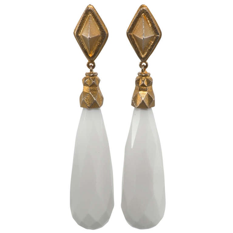 18K Yellow Gold and White Onyx Drop Earrings