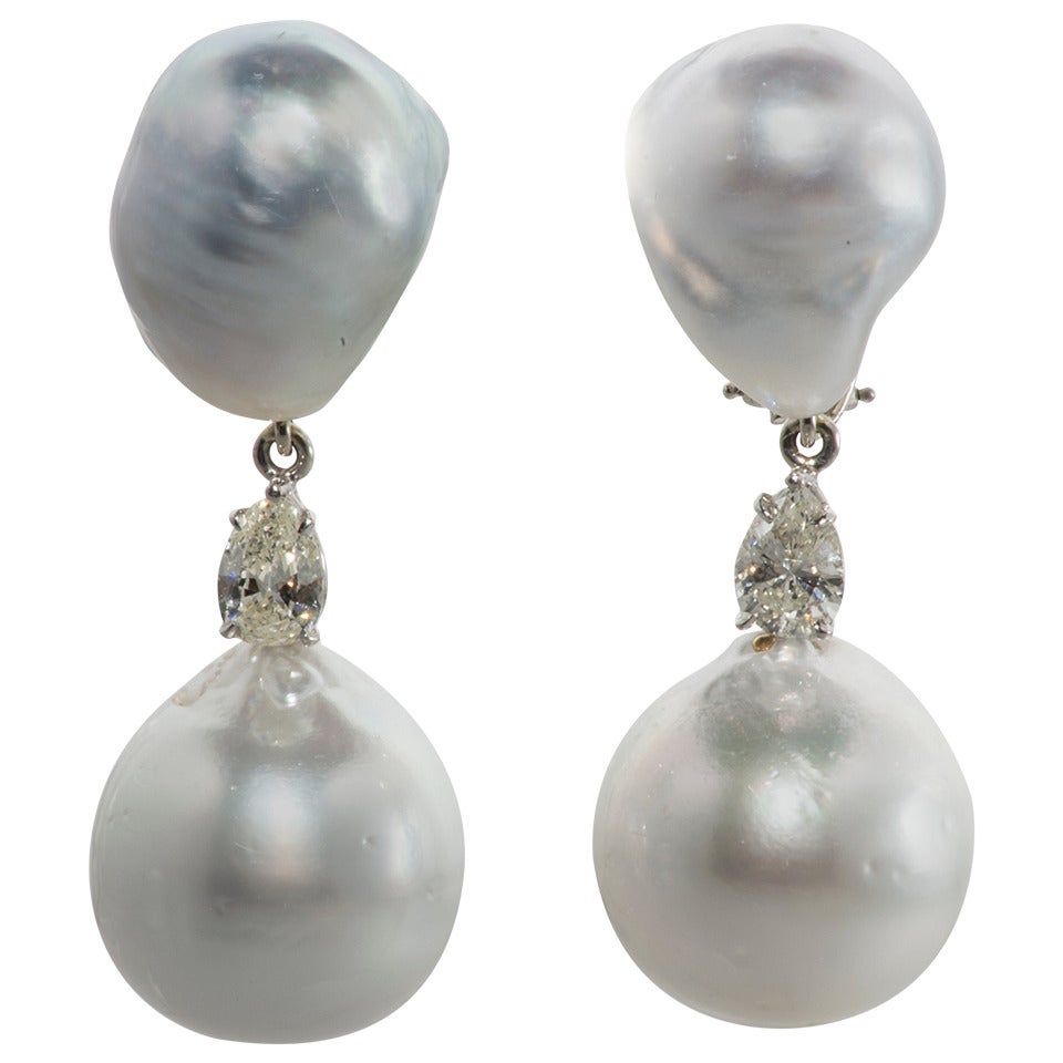 Baroque South Sea Pearl Diamond Gold Drop Earrings For Sale at 1stdibs