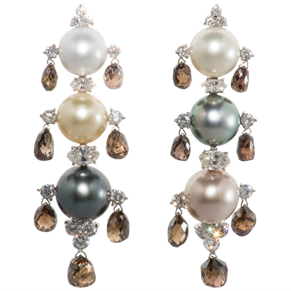 South Sea Pearl Briolette Diamond Platinum Earrings For Sale