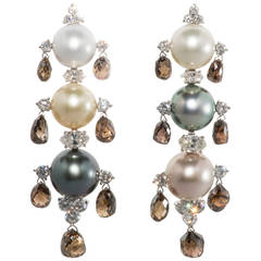 South Sea Pearl Briolette Diamond Platinum Earrings