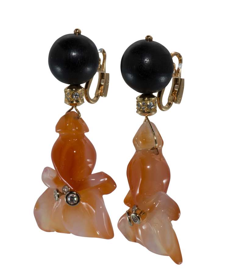 Beautiful carved Carnelian Orchard Drop Earrings with diamonds. Tops made of Ebony fro 1930.  18kt gold.Diamonds G color, VVS clarity.    Number 1 of a limited edition.