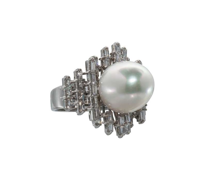 18k white gold diamond and pearl ring.  size 7.5