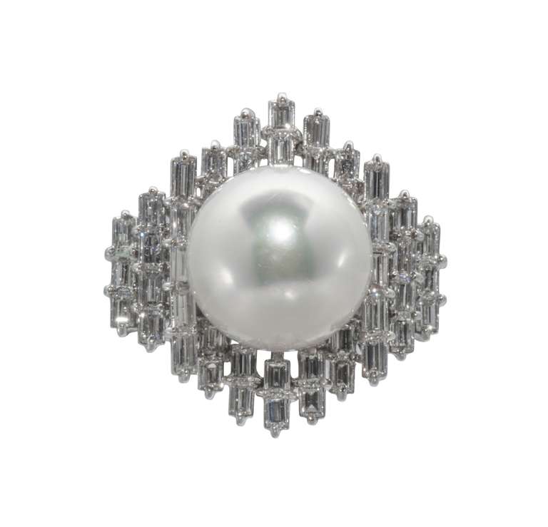 Contemporary South Sea Pearl and Baguette Diamond Ring