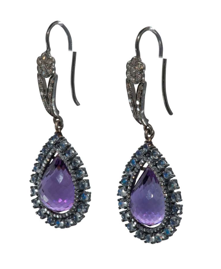 Black Rhodium plated Amethyst,moonstone and diamond drop earrings.